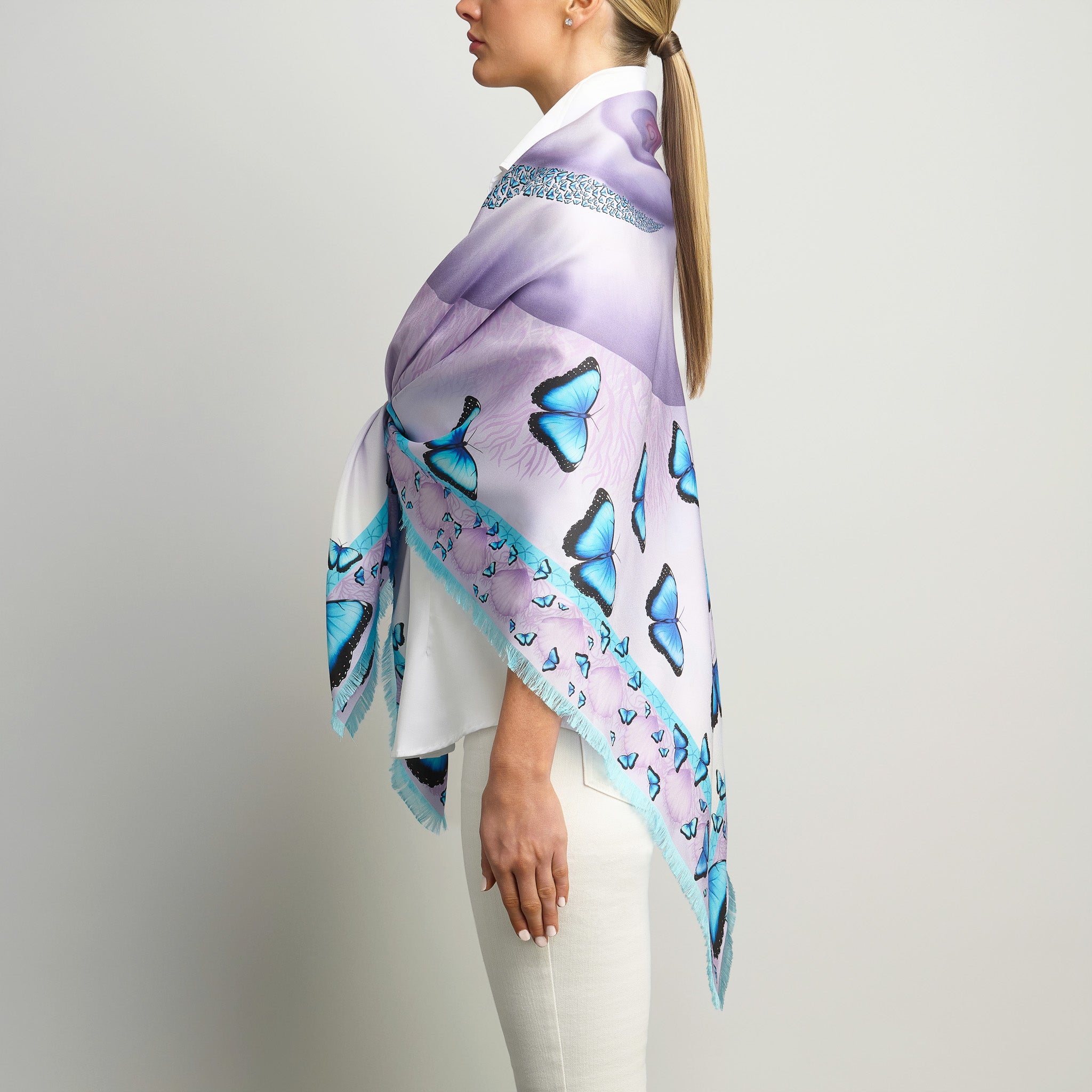 Butterflies and Seashells Silk Grande Scarf in White & Lavender