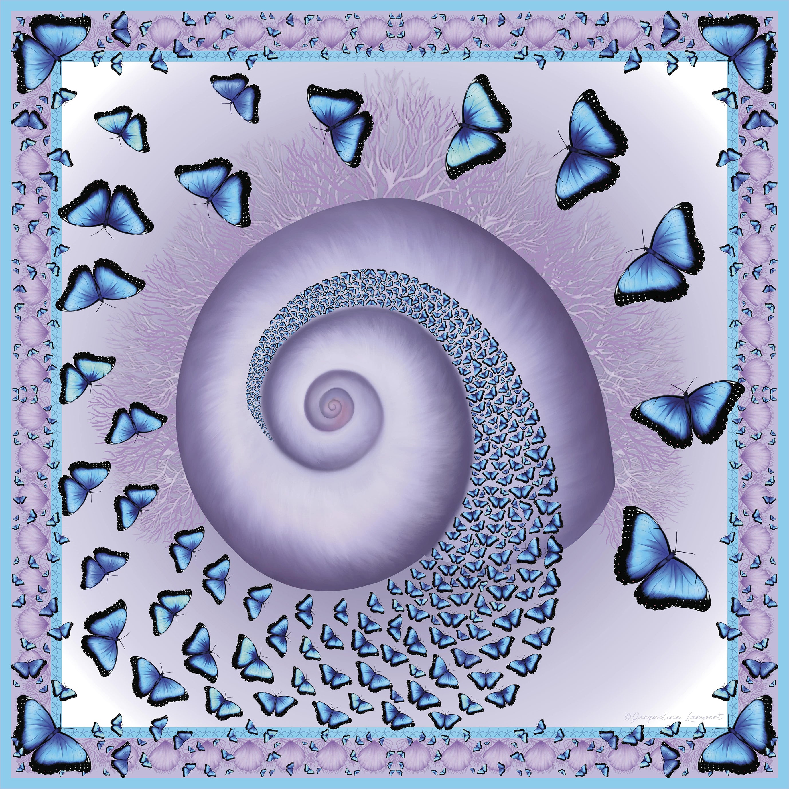 Butterflies and Seashells Silk Grande Scarf in White & Lavender