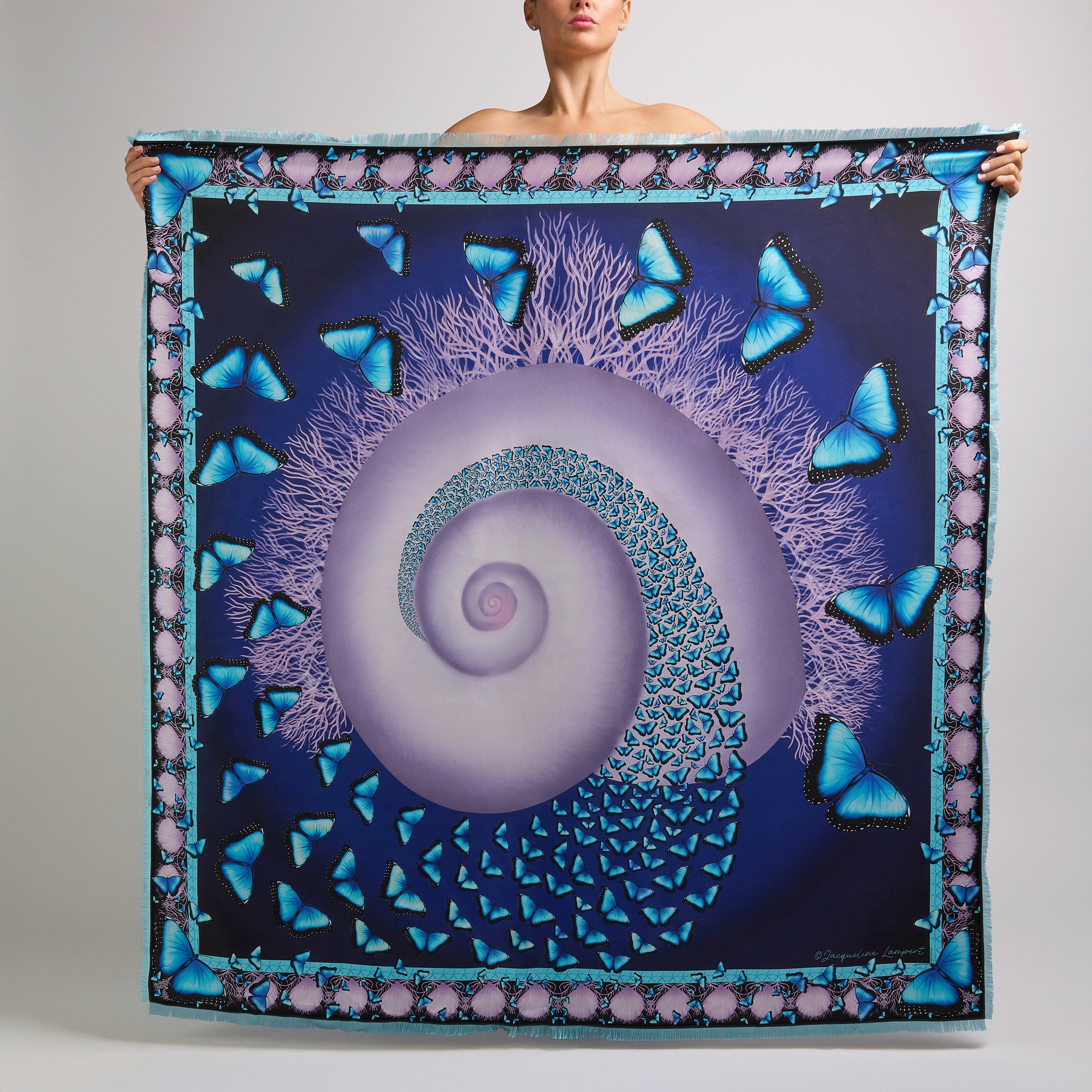 Midnight blue oversized silk scarf featuring blue morpho butterflies spiraling around a lavender Janthina shell.