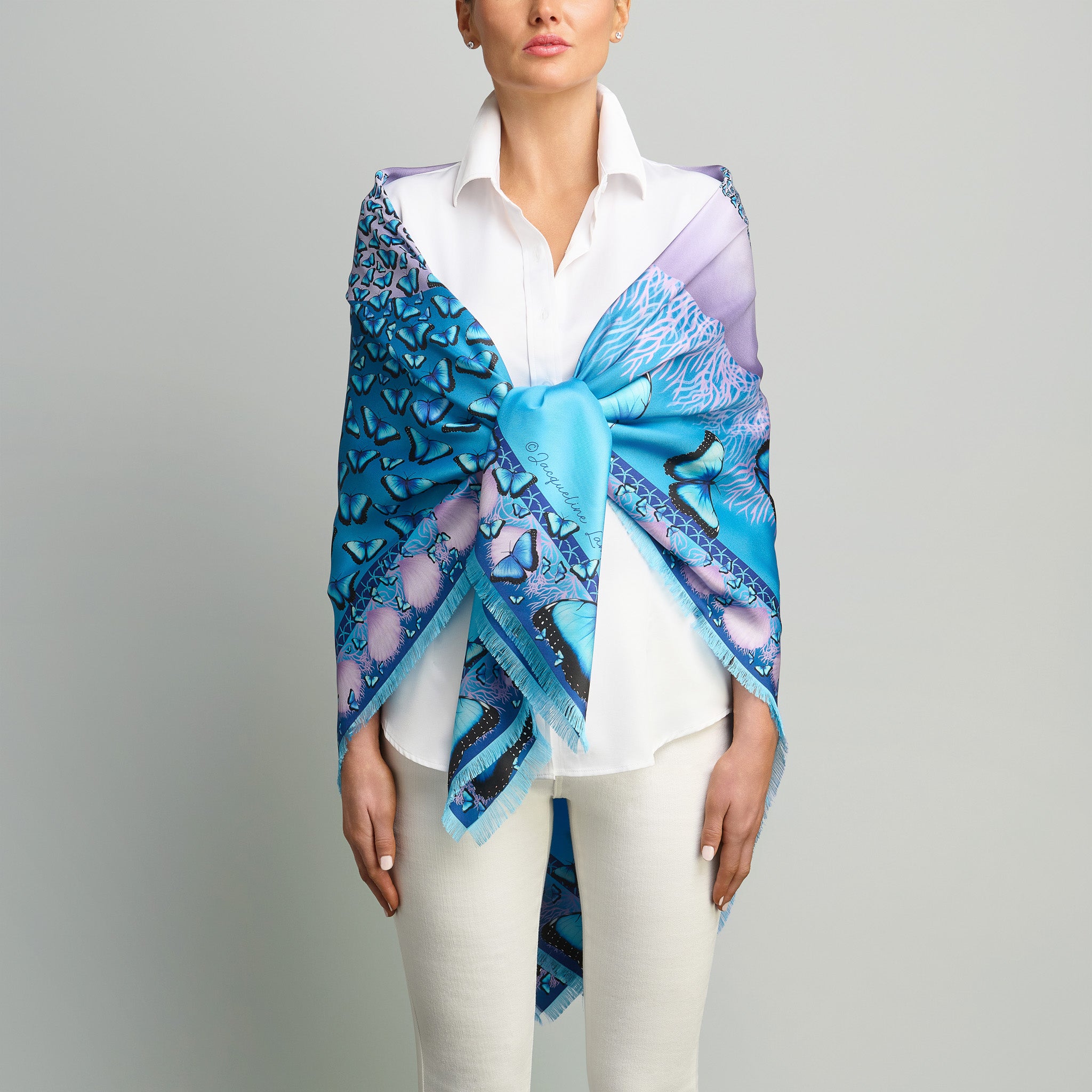 Butterflies and Seashells Silk Grande Scarf in Turquoise