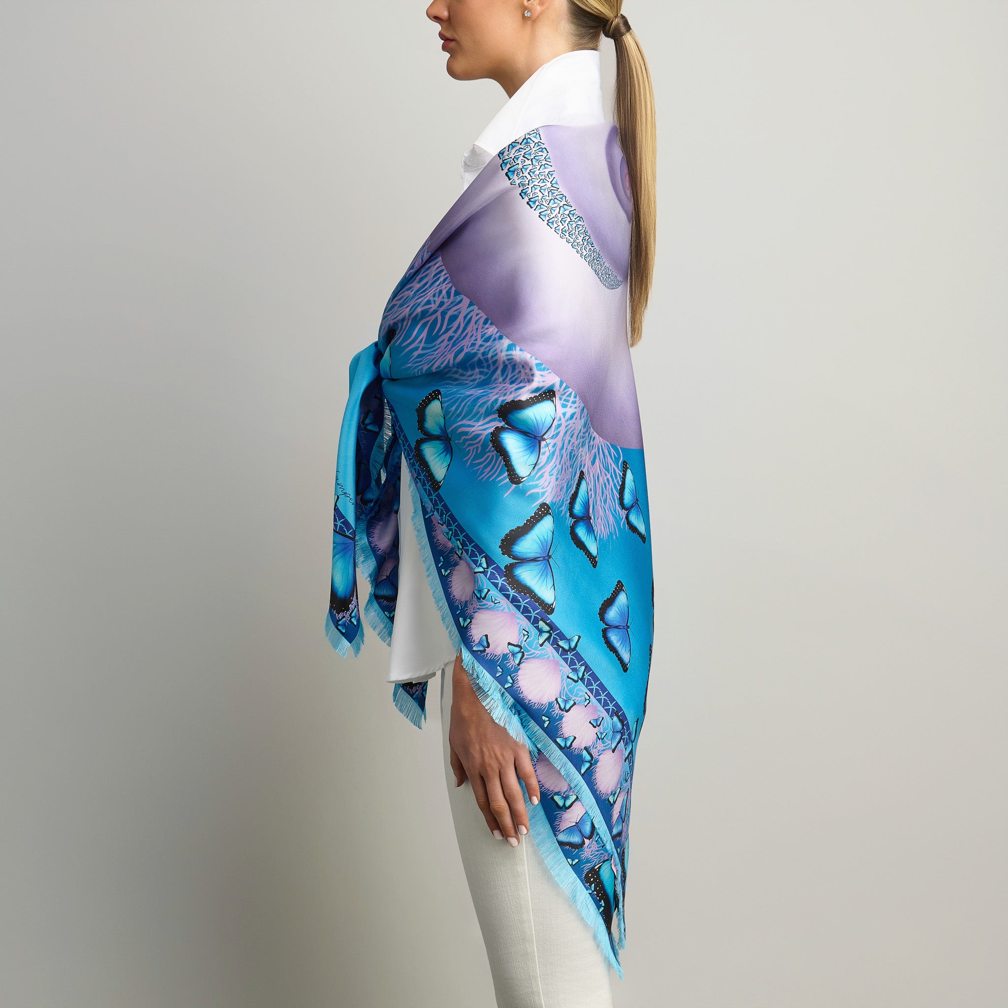 Butterflies and Seashells Silk Grande Scarf in Turquoise