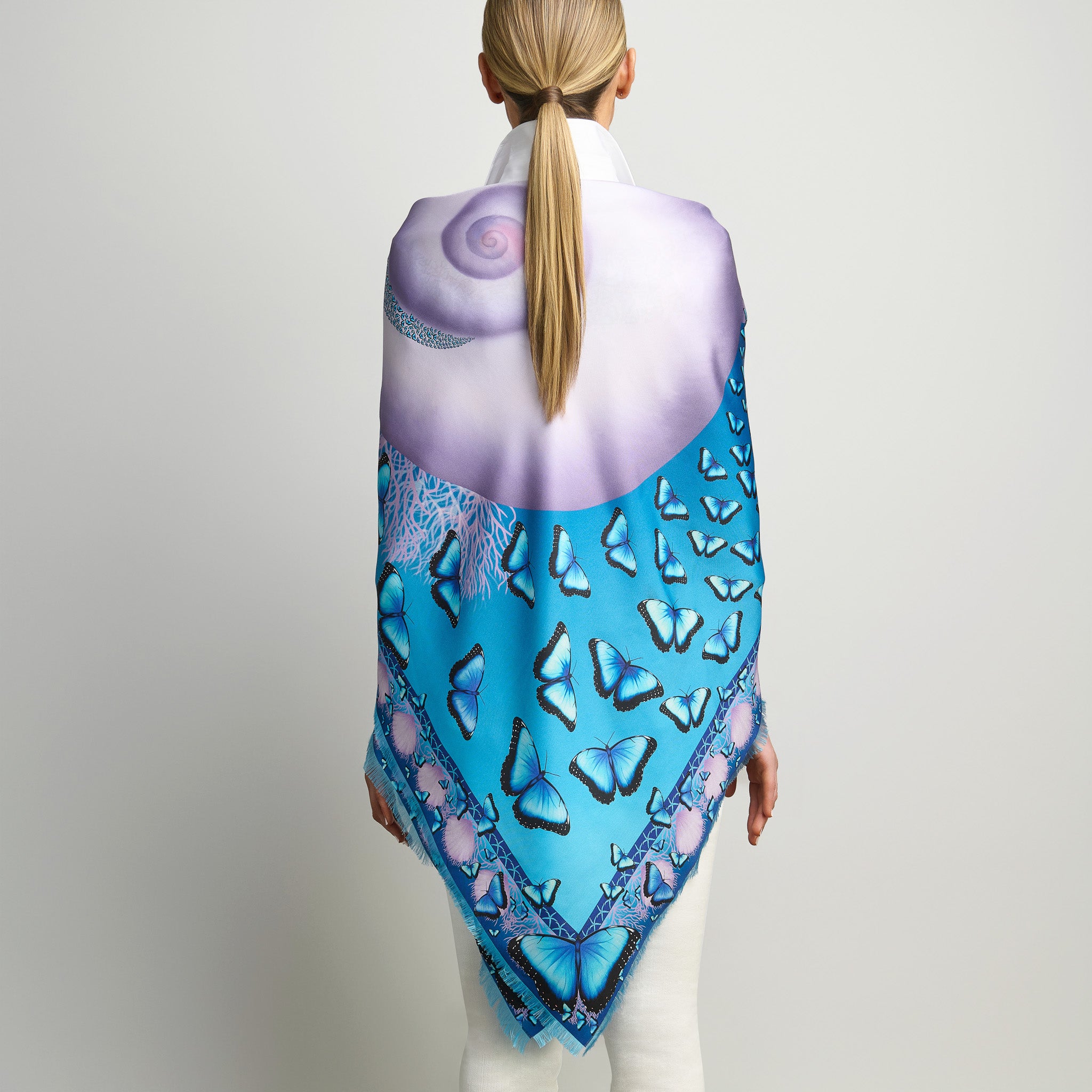 Butterflies and Seashells Silk Grande Scarf in Turquoise