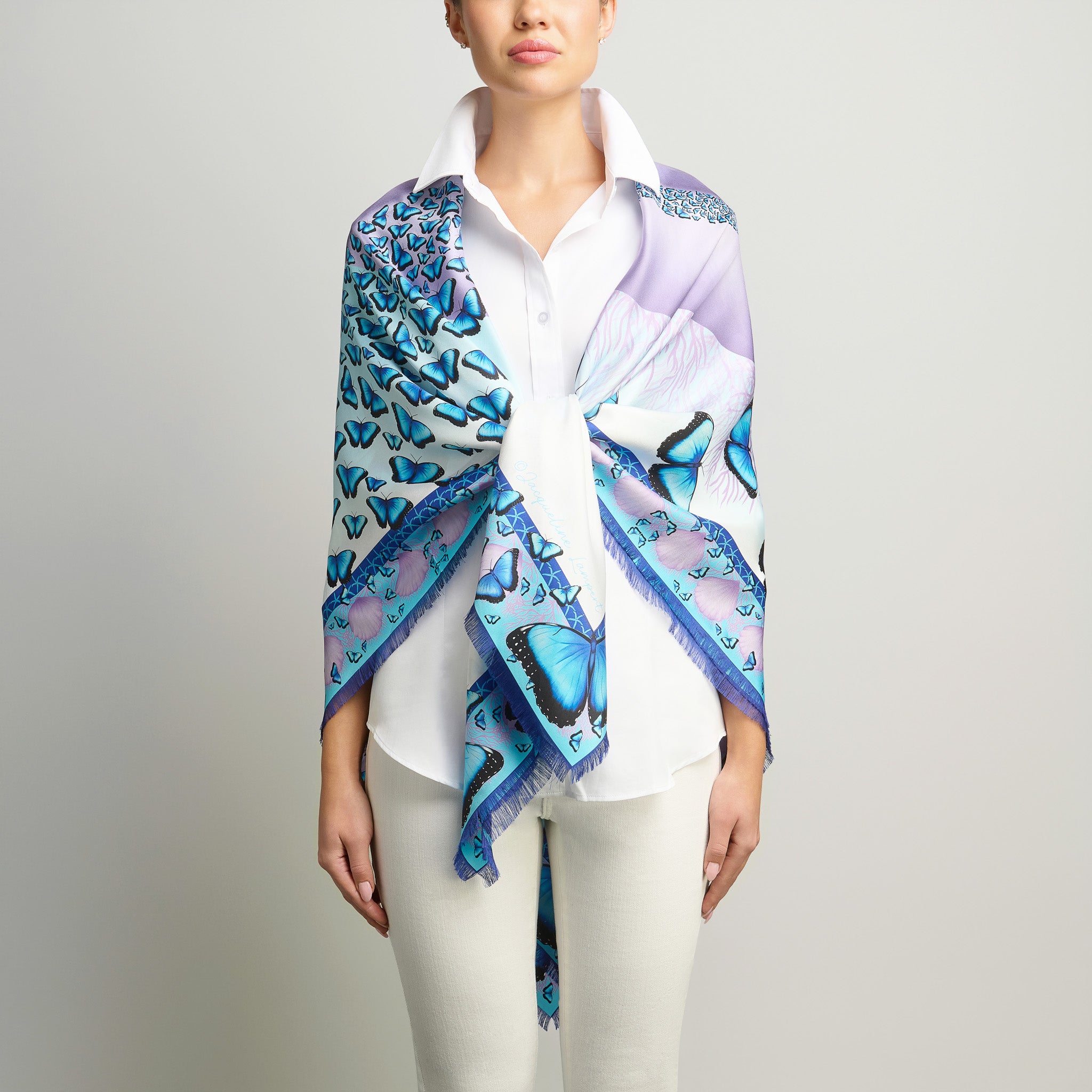 Butterflies and Seashells Silk Grande Scarf in White & Turquoise