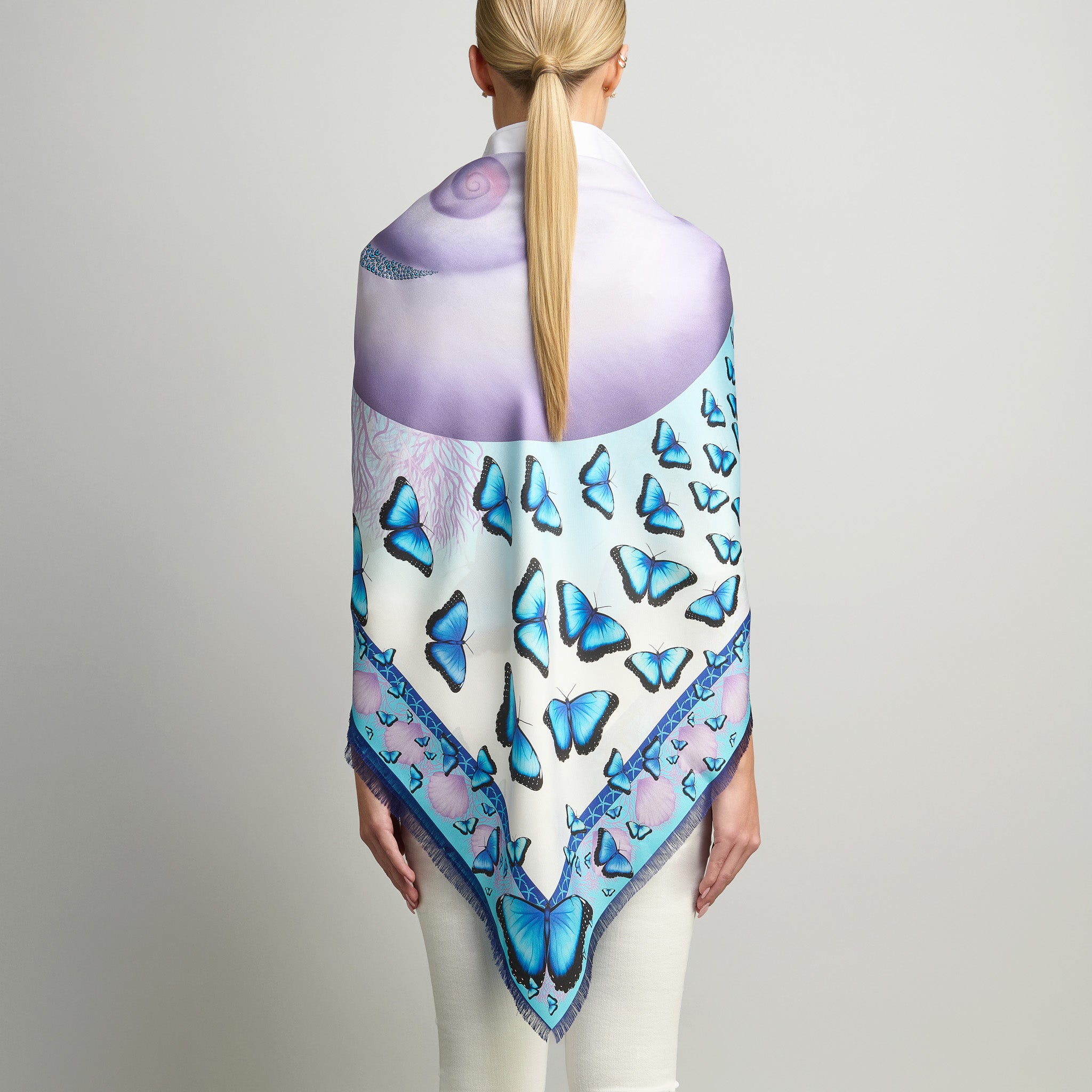 Butterflies and Seashells Silk Grande Scarf in White & Turquoise