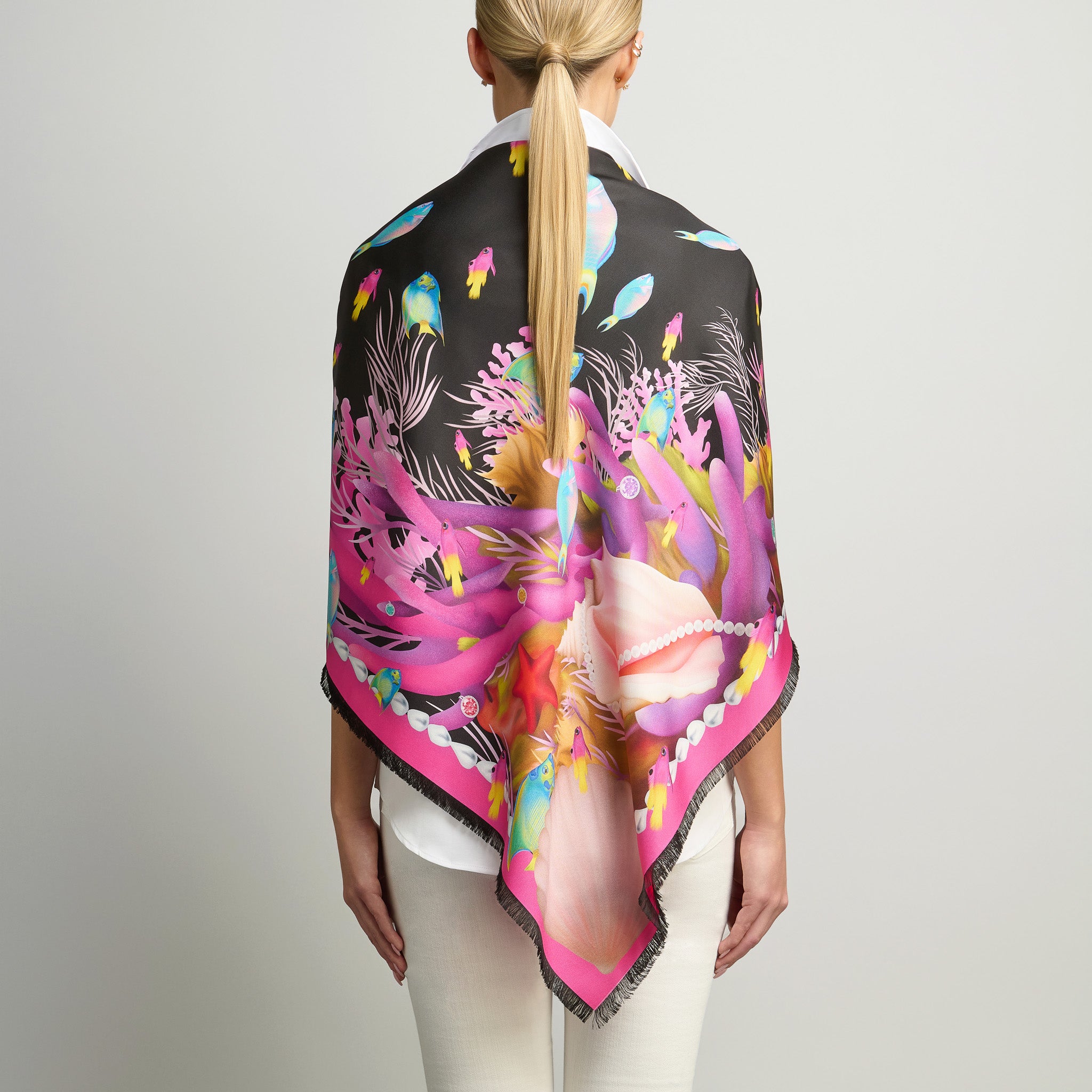 Caribbean Marine Treasures Silk Grande Scarf in Black