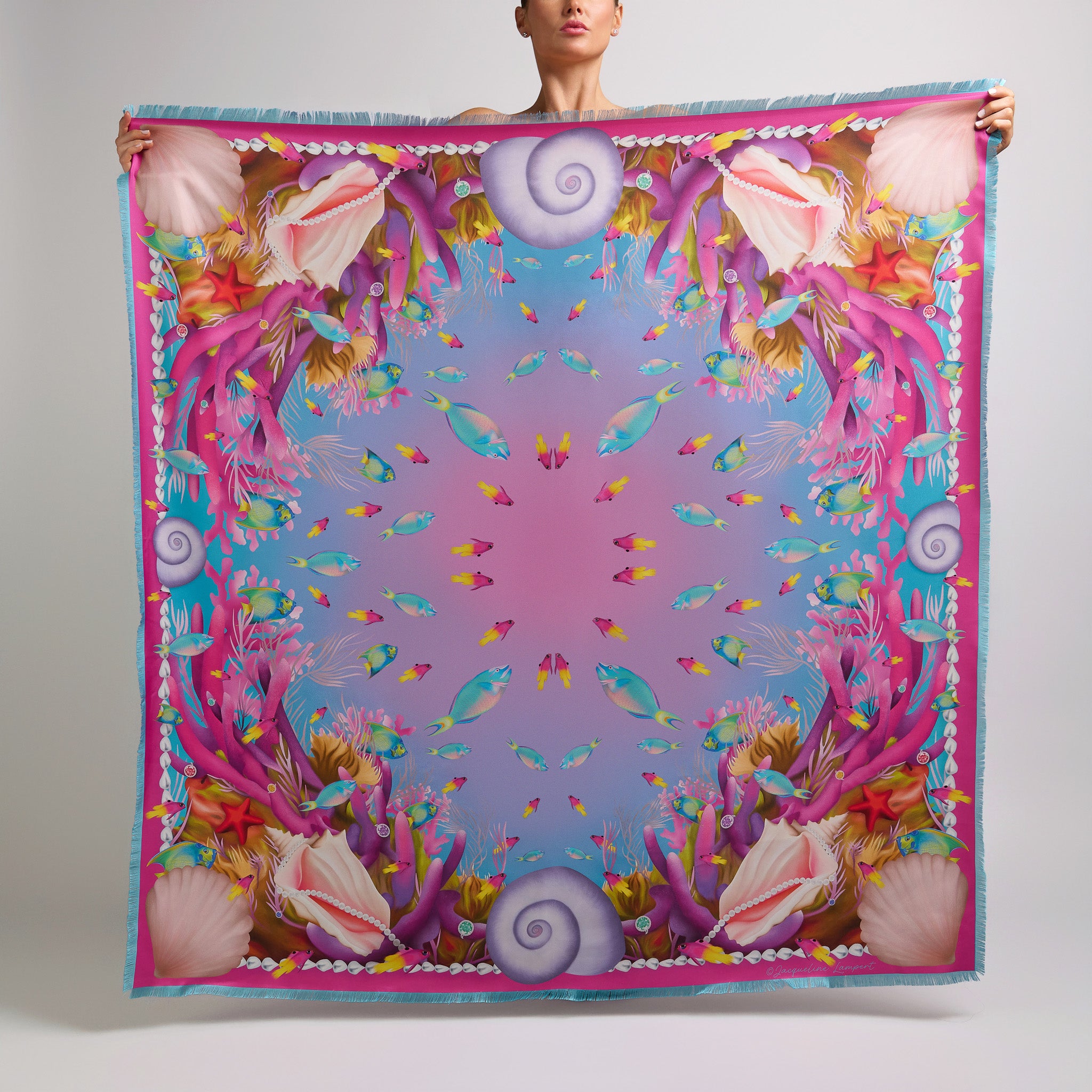 Fuchsia turquoise luxury silk scarf with hand-drawn Caribbean fish, coral, shells, and ocean-inspired pearl detailing