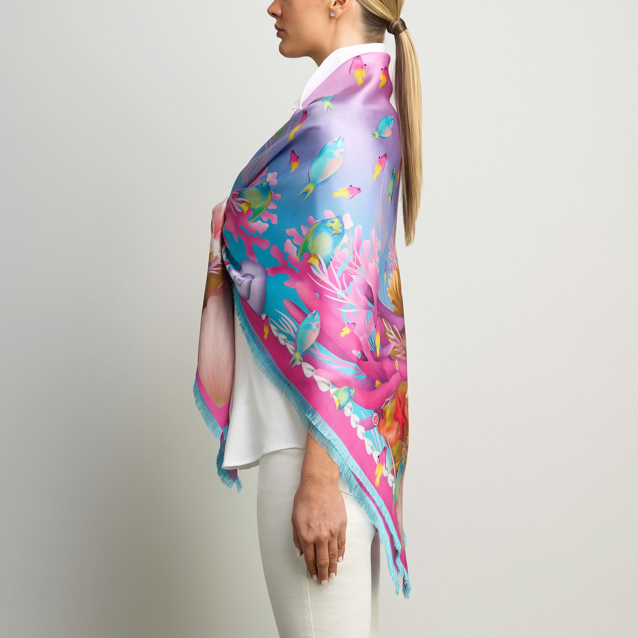 Caribbean Marine Treasures Silk Grande Scarf in Turquoise