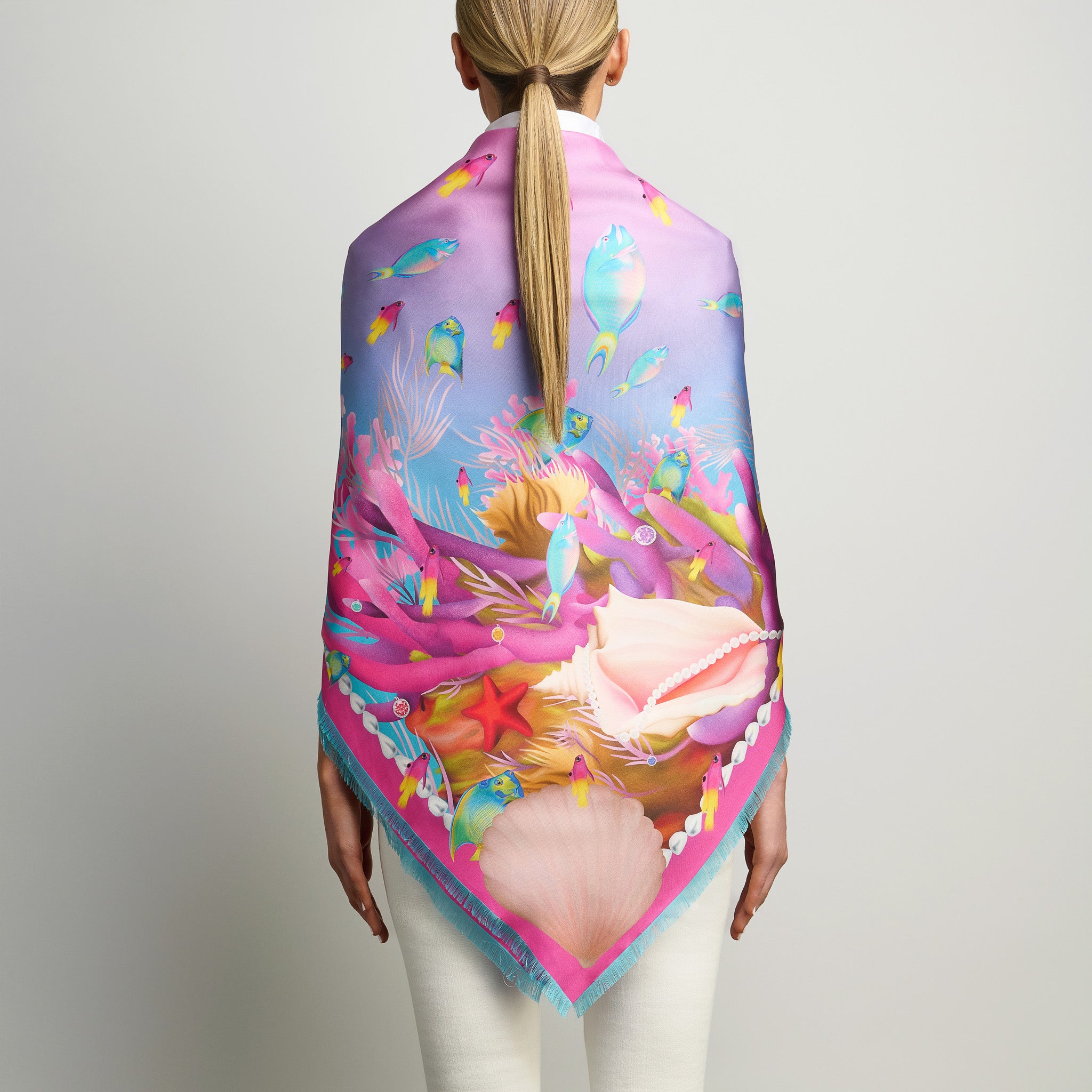 Caribbean Marine Treasures Silk Grande Scarf in Turquoise