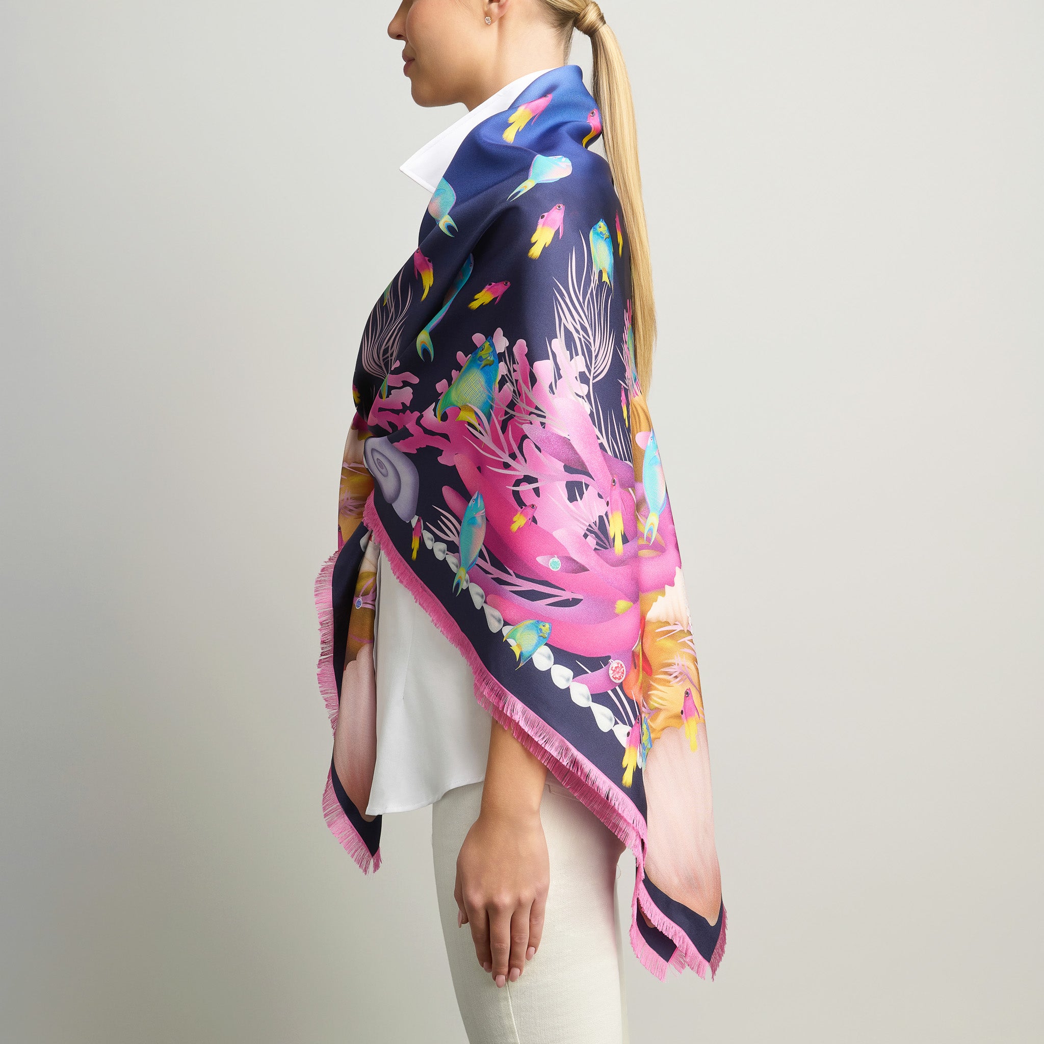 Caribbean Marine Treasures Silk Grande Scarf in Midnight Blue