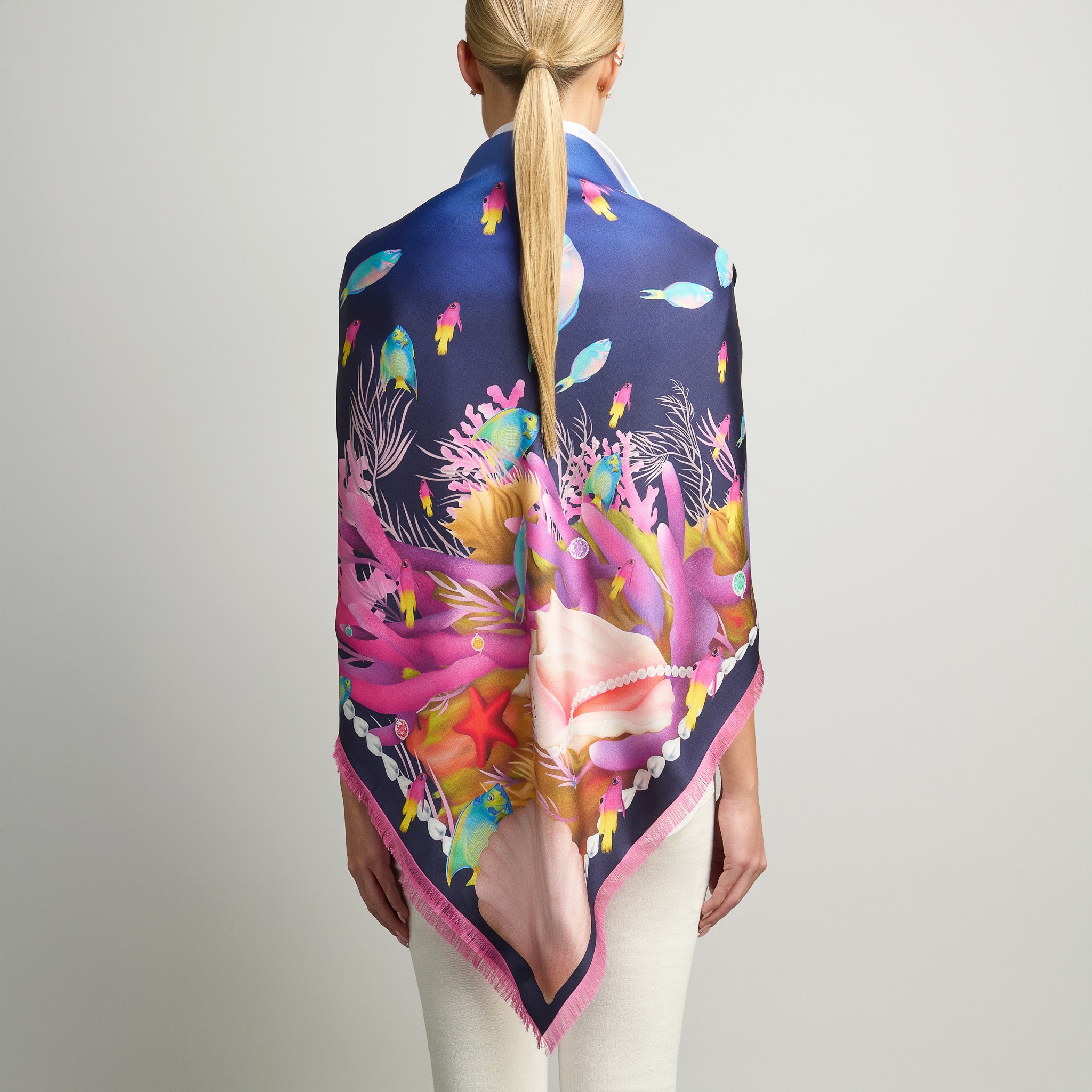 Caribbean Marine Treasures Silk Grande Scarf in Midnight Blue