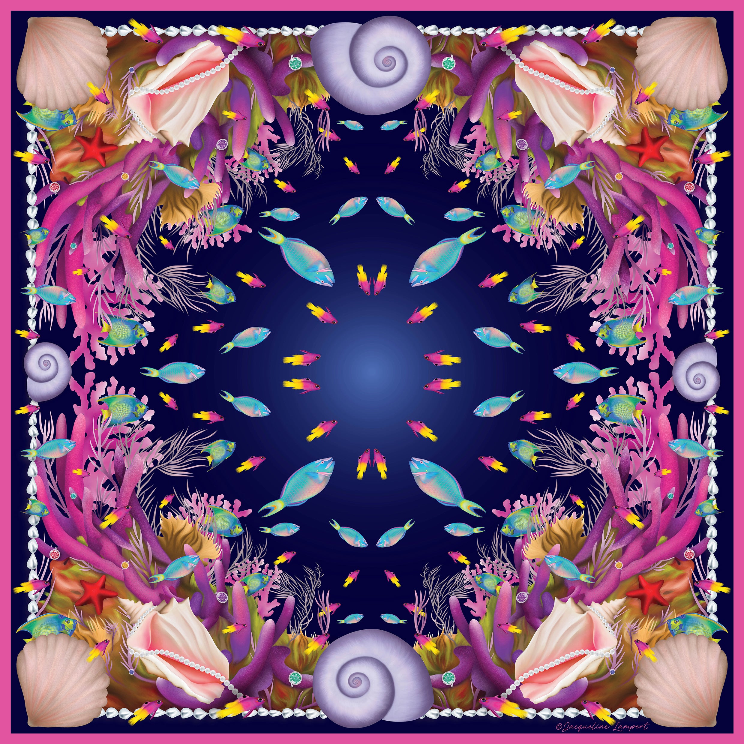 Caribbean Marine Treasures Silk Grande Scarf in Midnight Blue