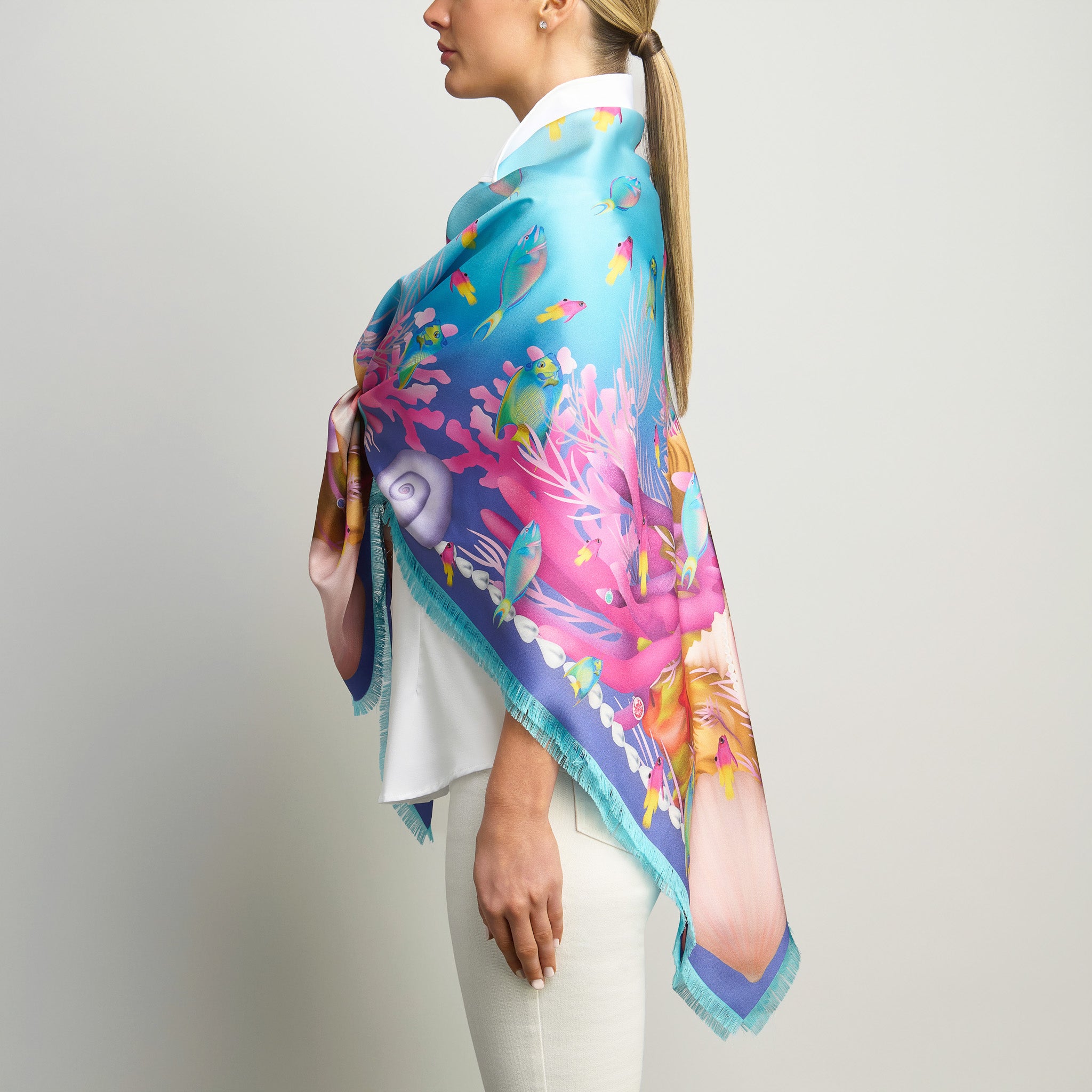 Caribbean Marine Treasures Silk Grande Scarf in Purple and Turquoise