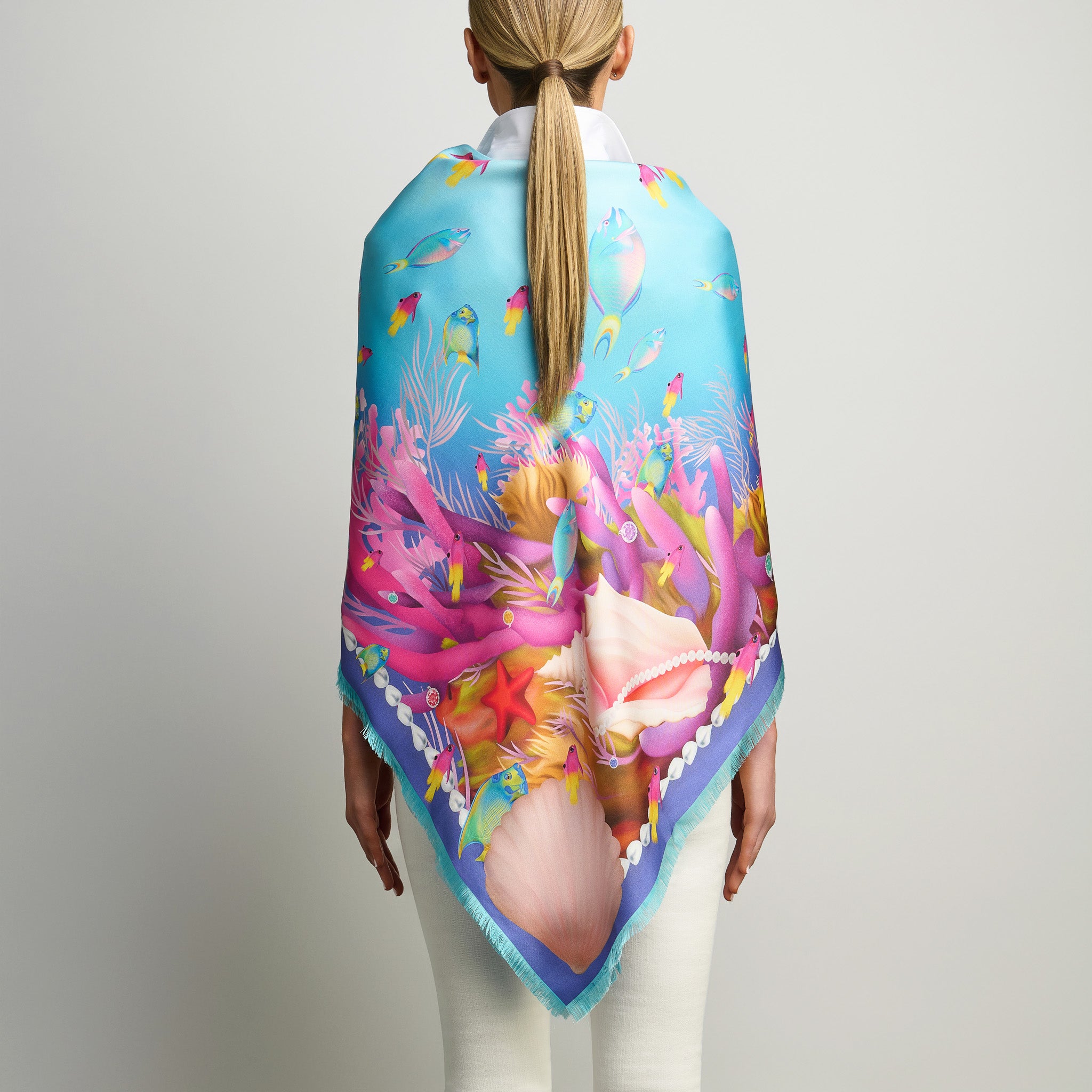Caribbean Marine Treasures Silk Grande Scarf in Purple and Turquoise
