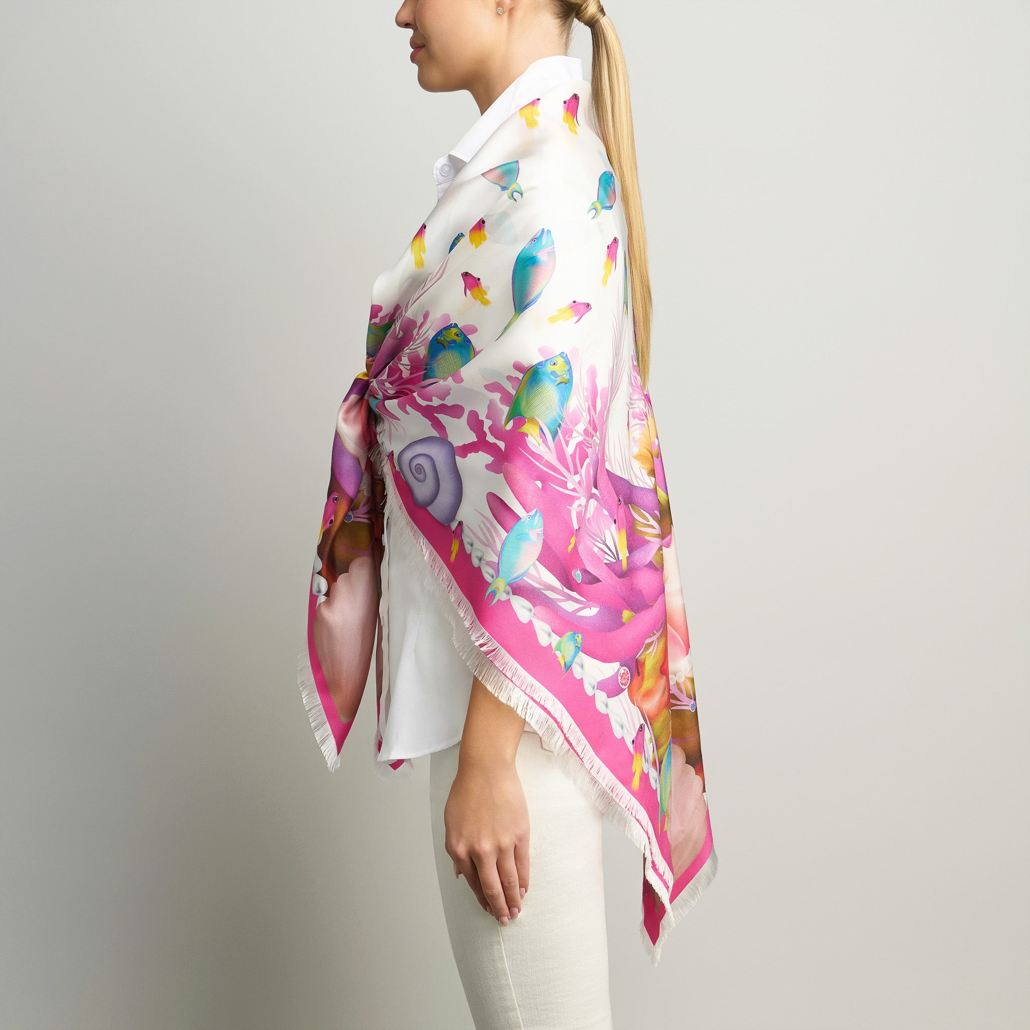 Caribbean Marine Treasures Silk Grande Scarf in White