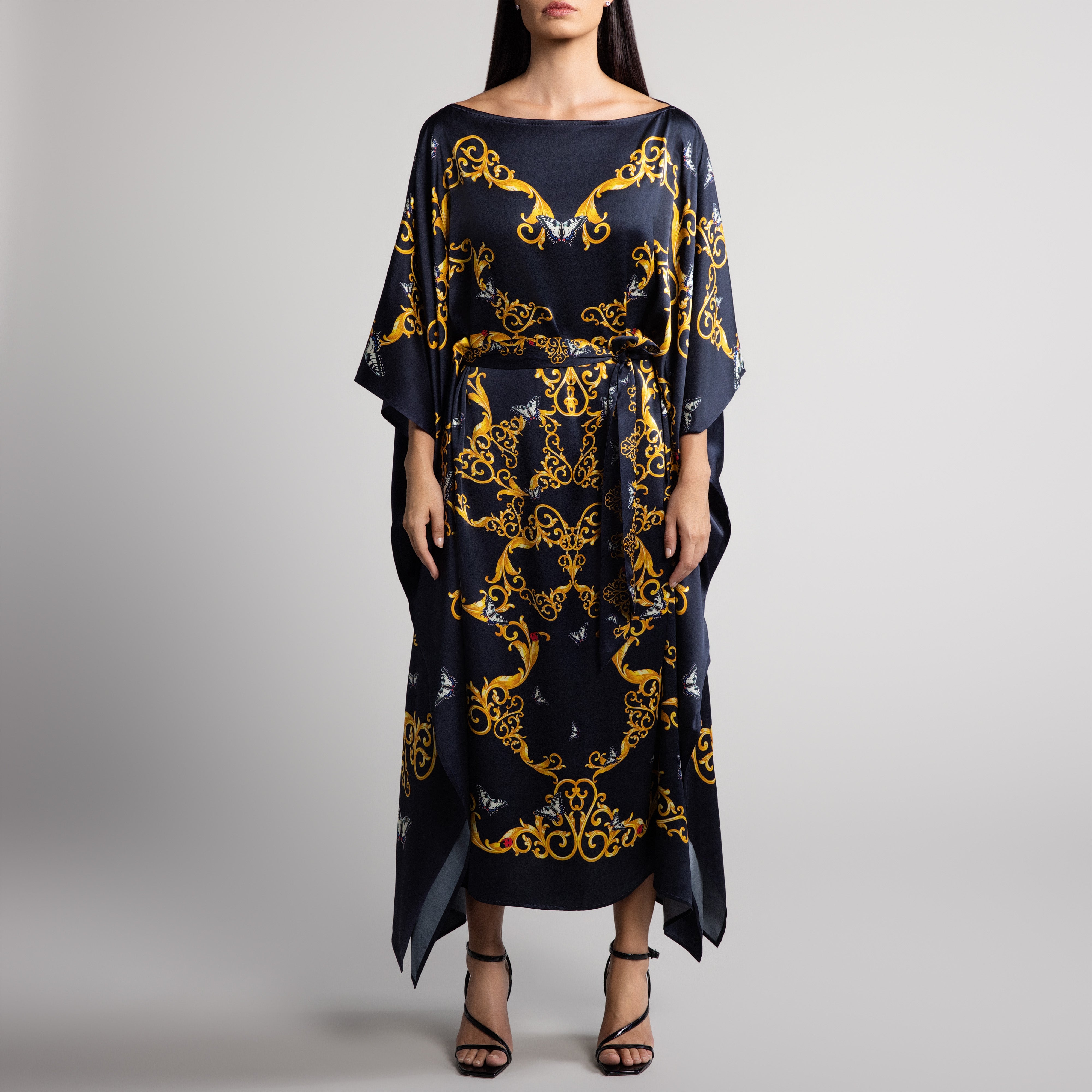 Baroque & Butterfly Silk Caftan in Black