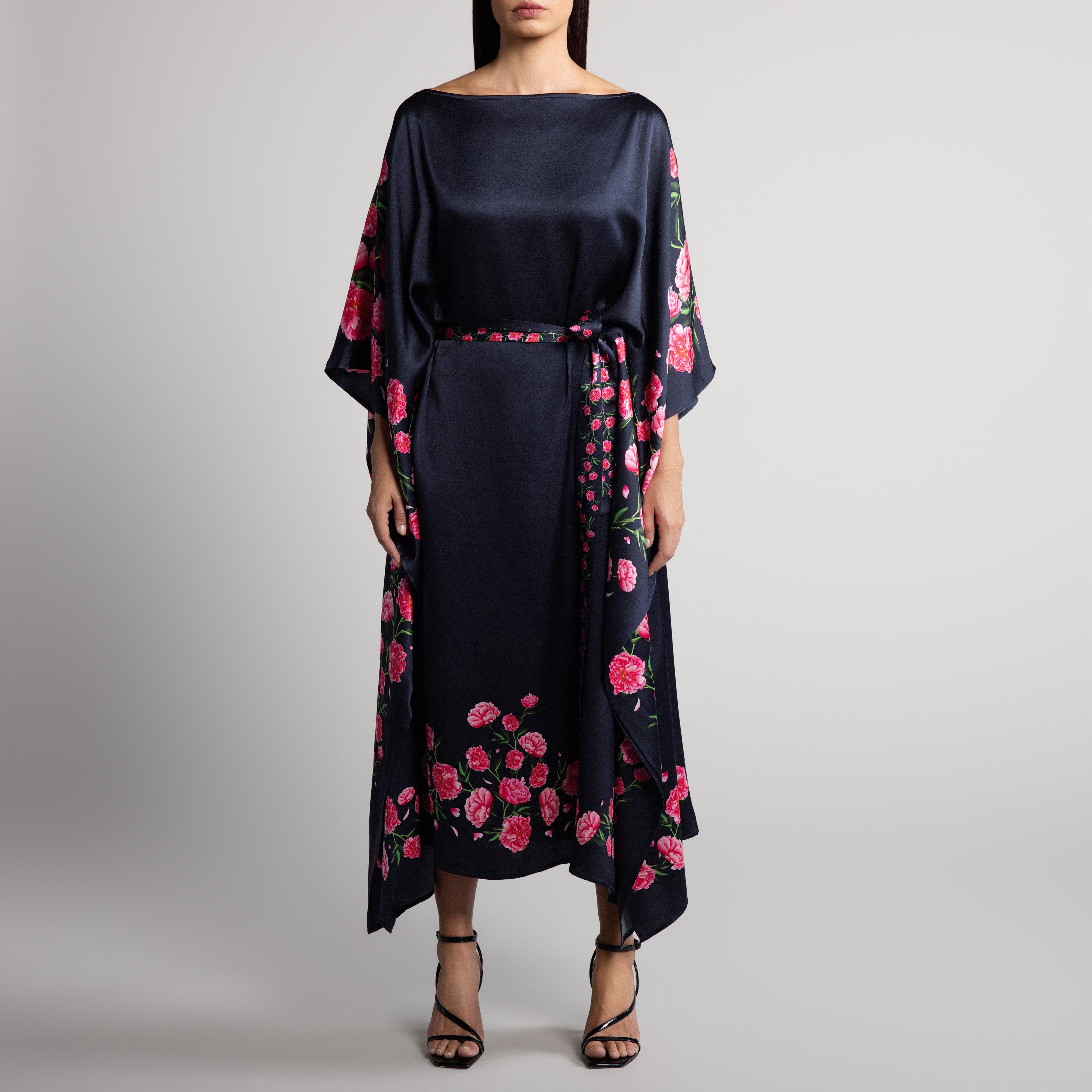 Peony Silk Caftan in Black