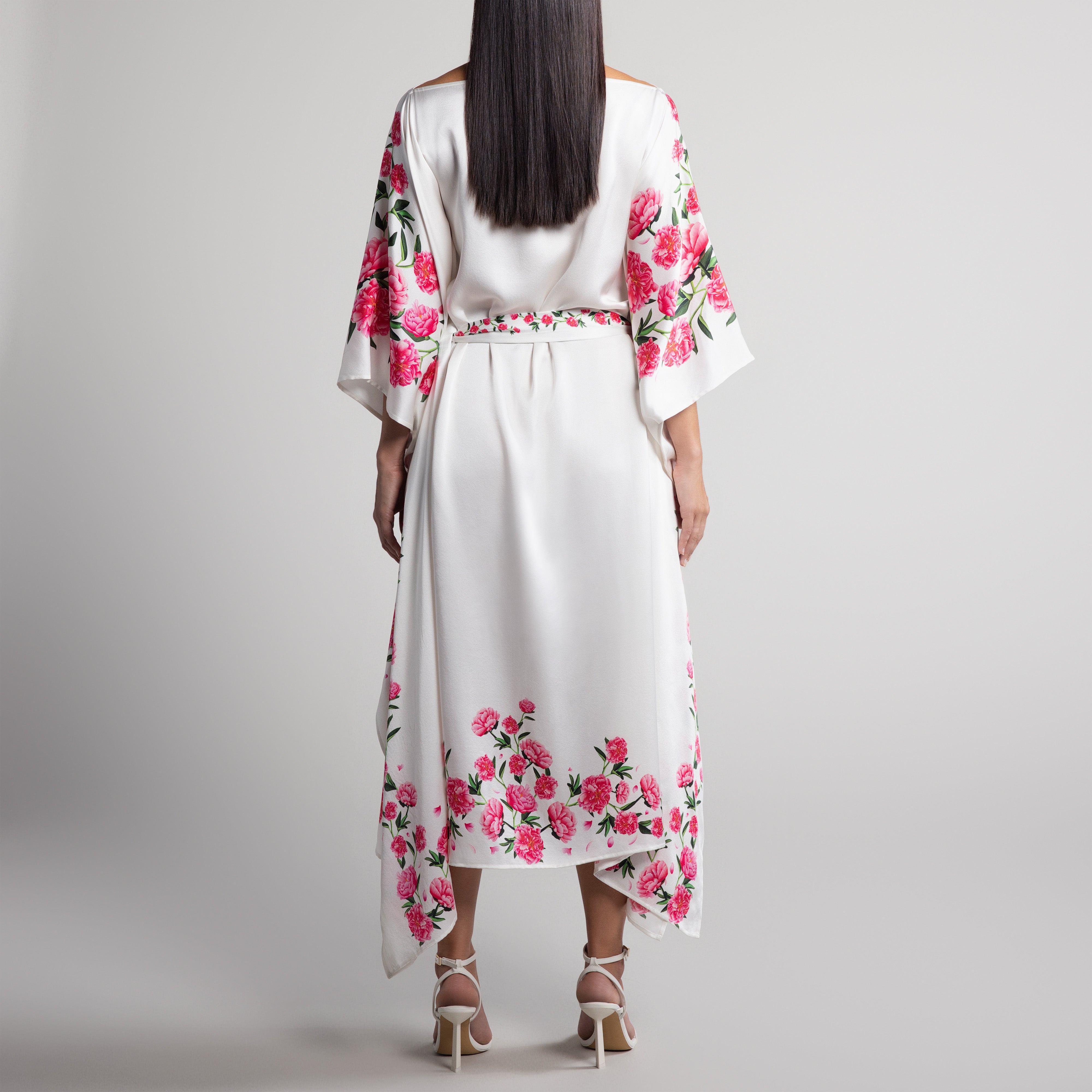 Peony Silk Caftan in White