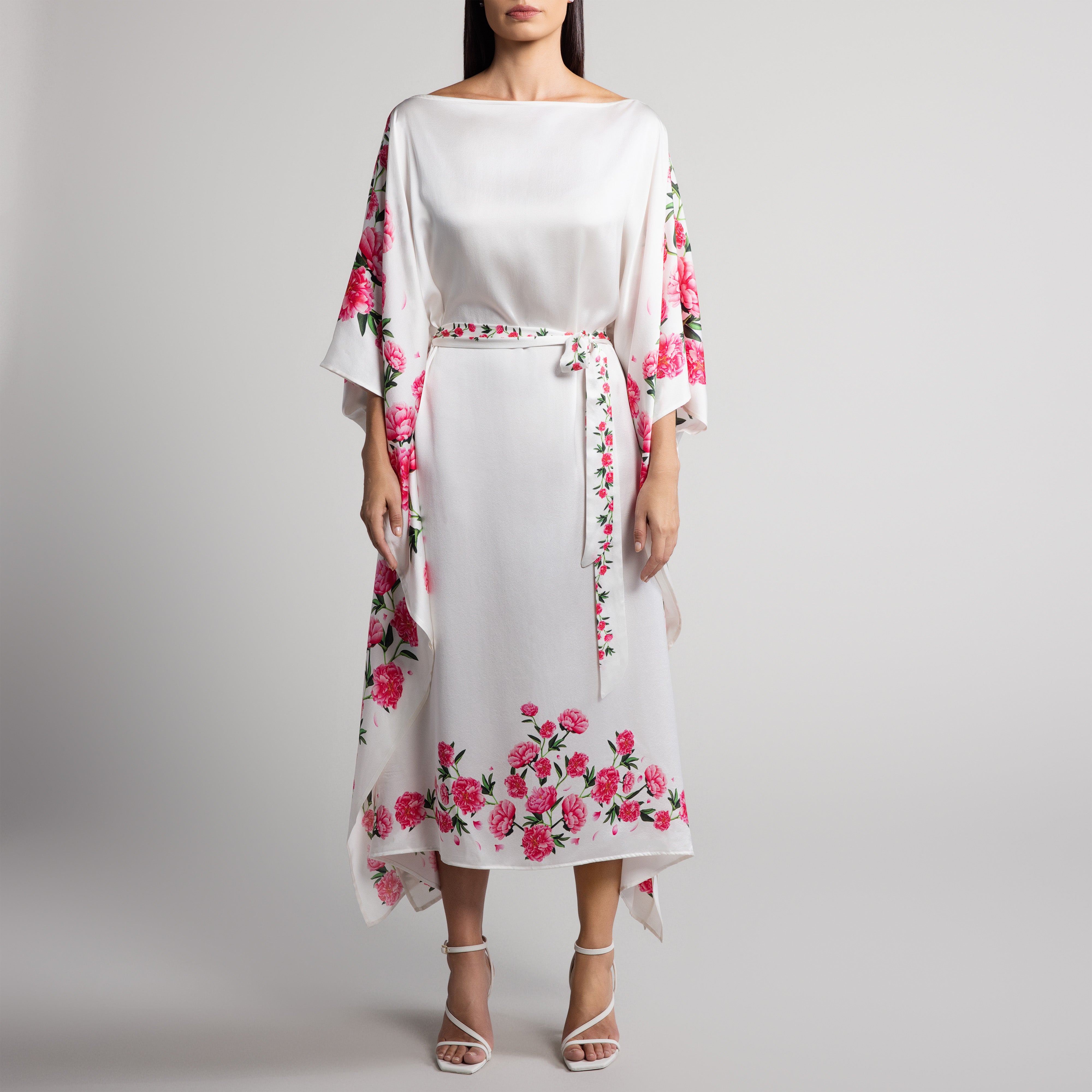 Peony Silk Caftan in White