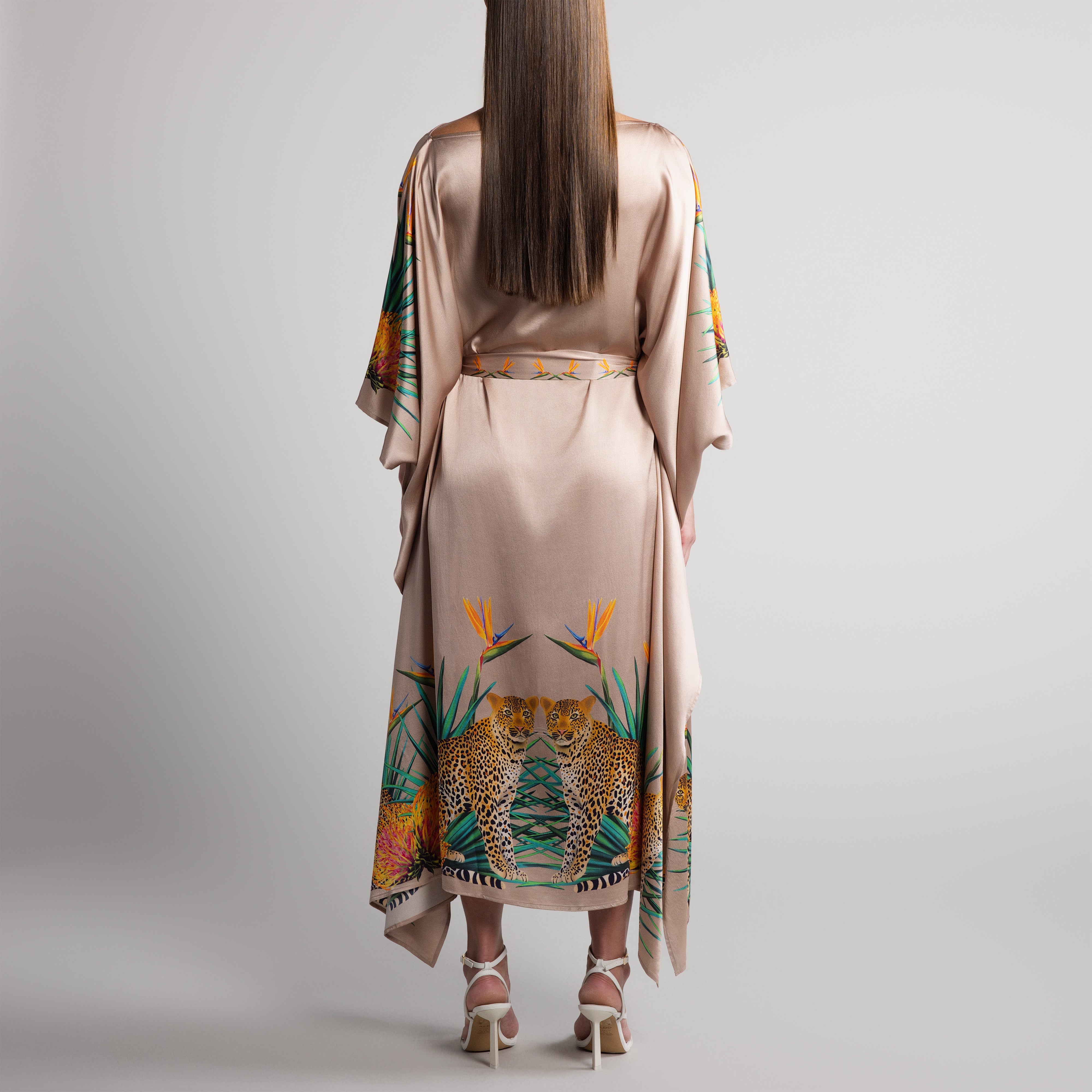 Safari Leopard Silk Caftan in Nude