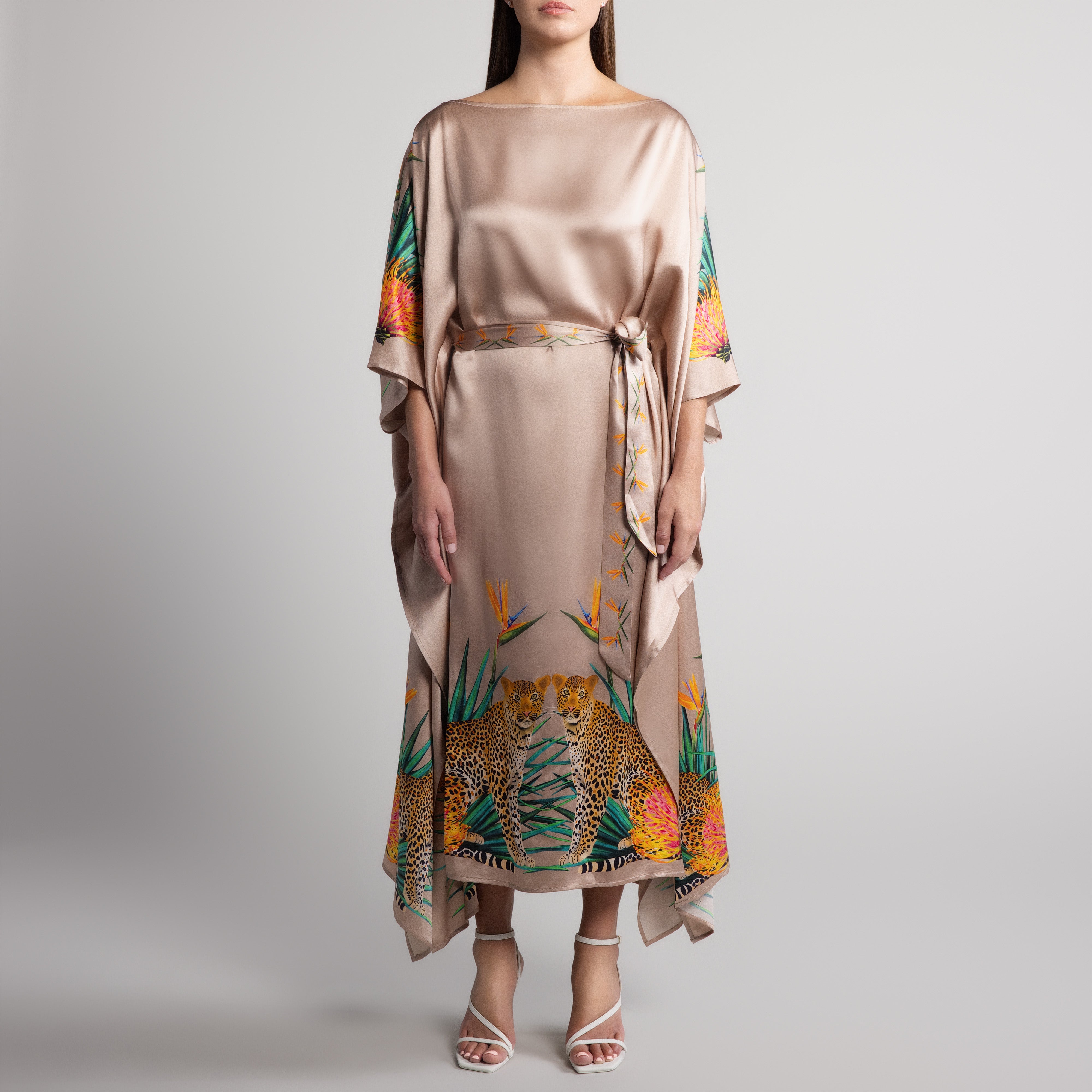 Safari Leopard Silk Caftan in Nude