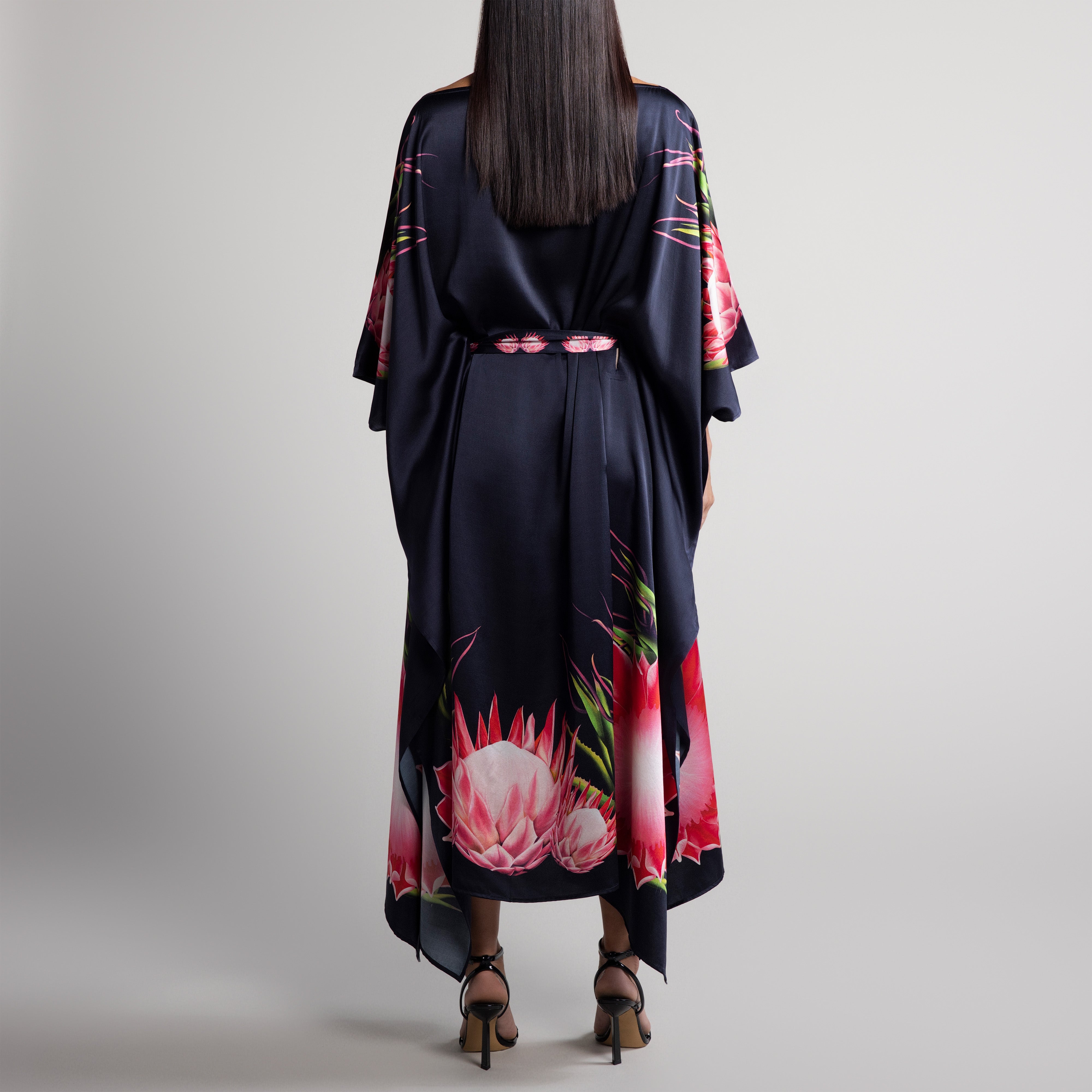 Safari Protea Silk Caftan in Black