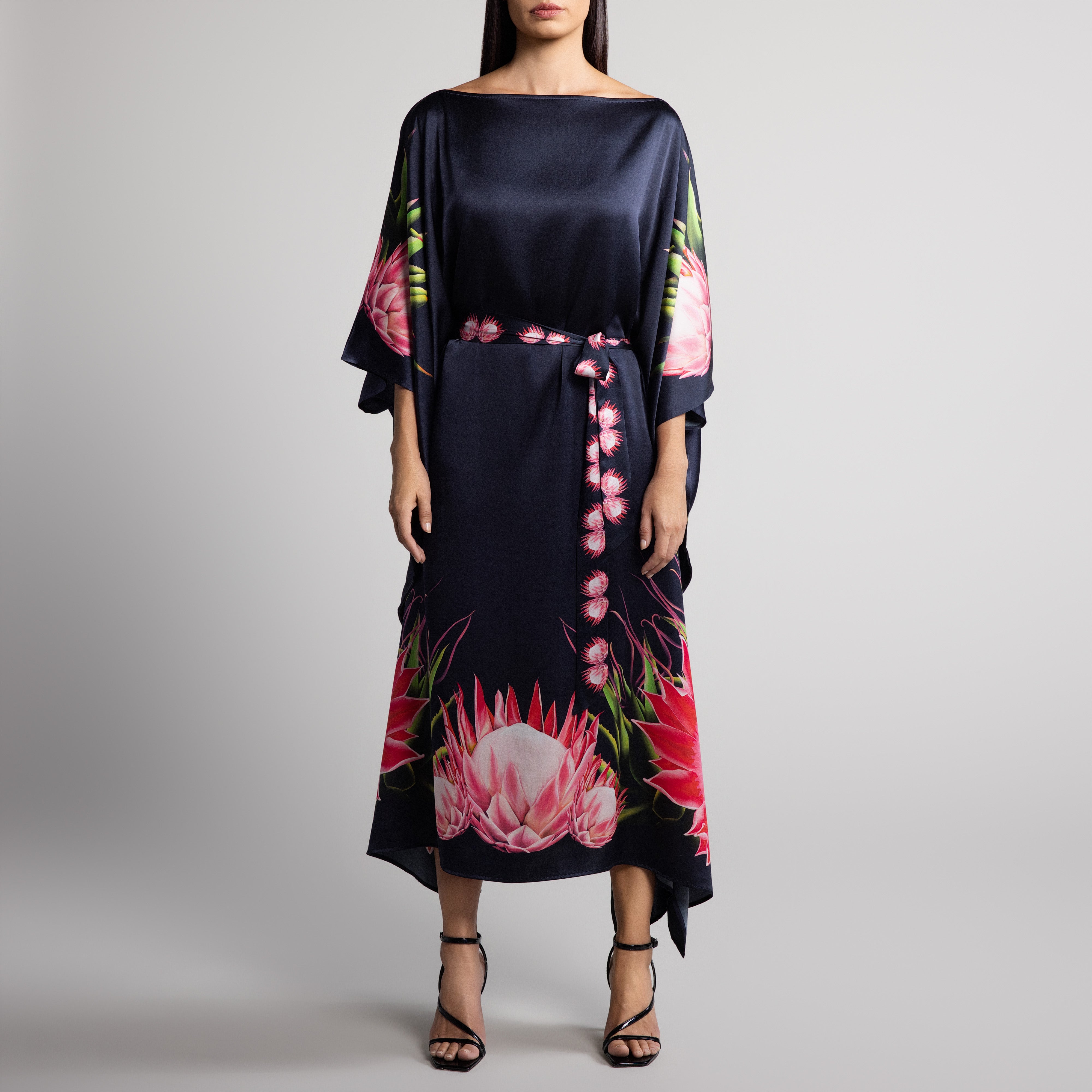 Safari Protea Silk Caftan in Black