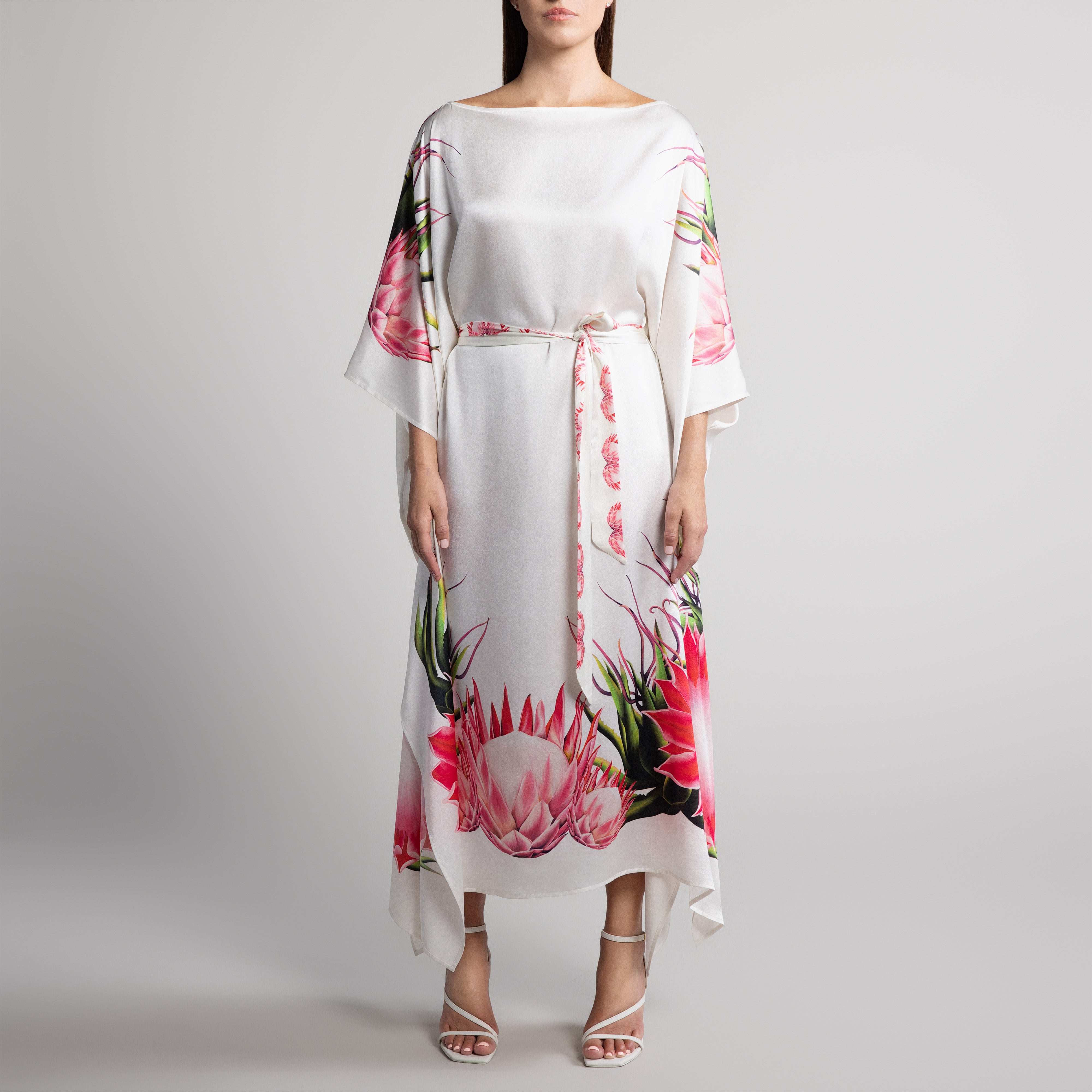 Safari Protea Silk Caftan in Cream