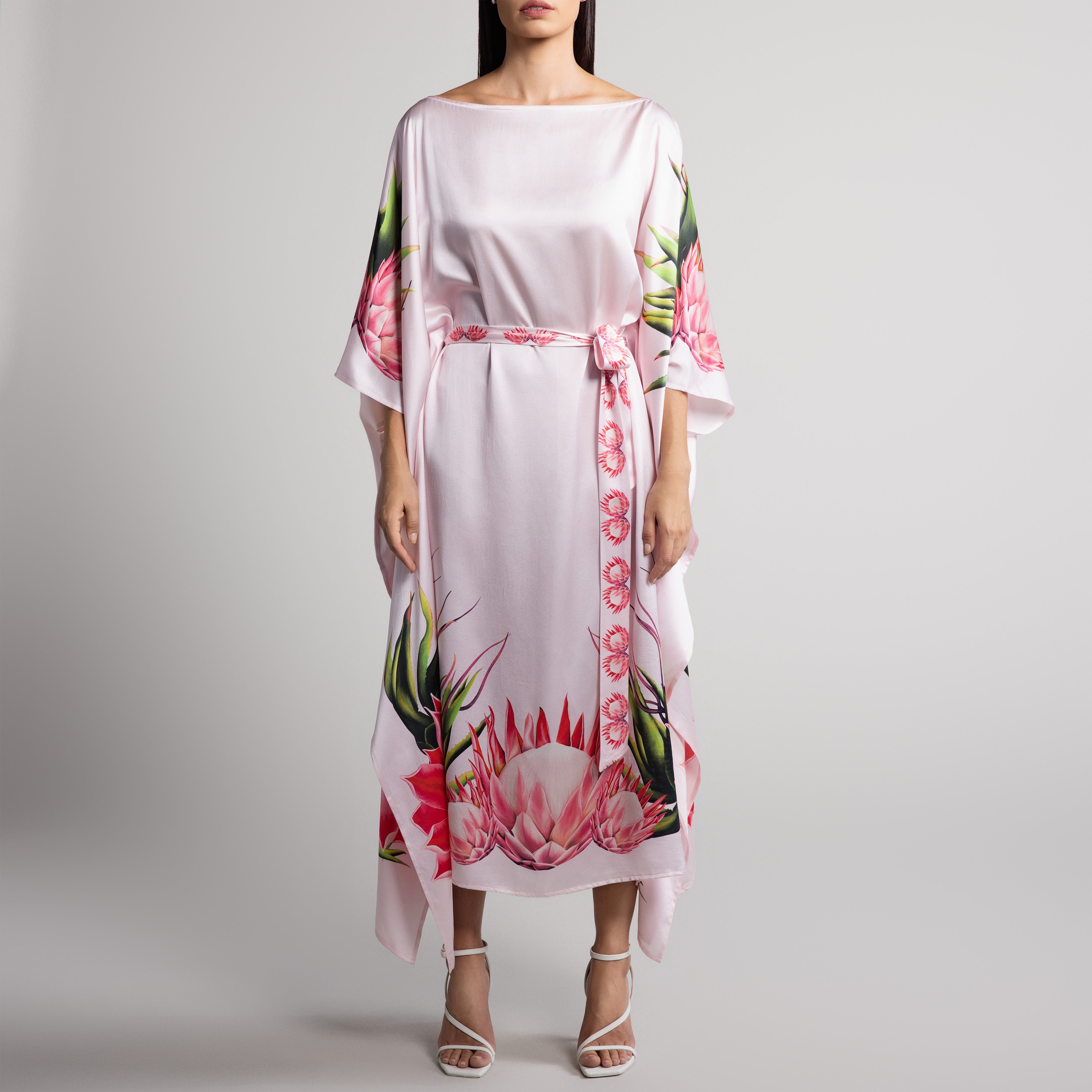 Safari Protea Silk Caftan in Pale Pink