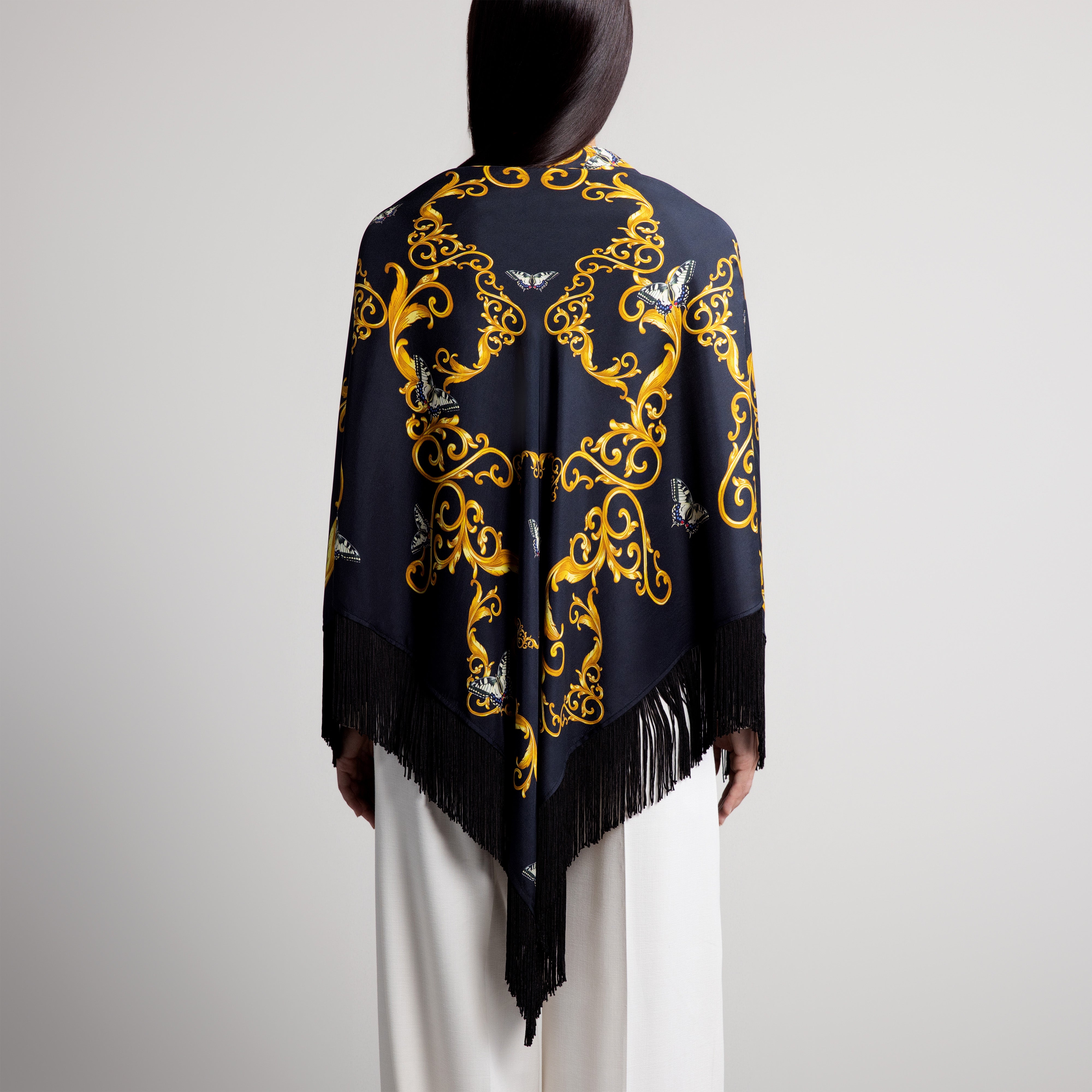 Baroque & Butterfly Silk Shawl in Black
