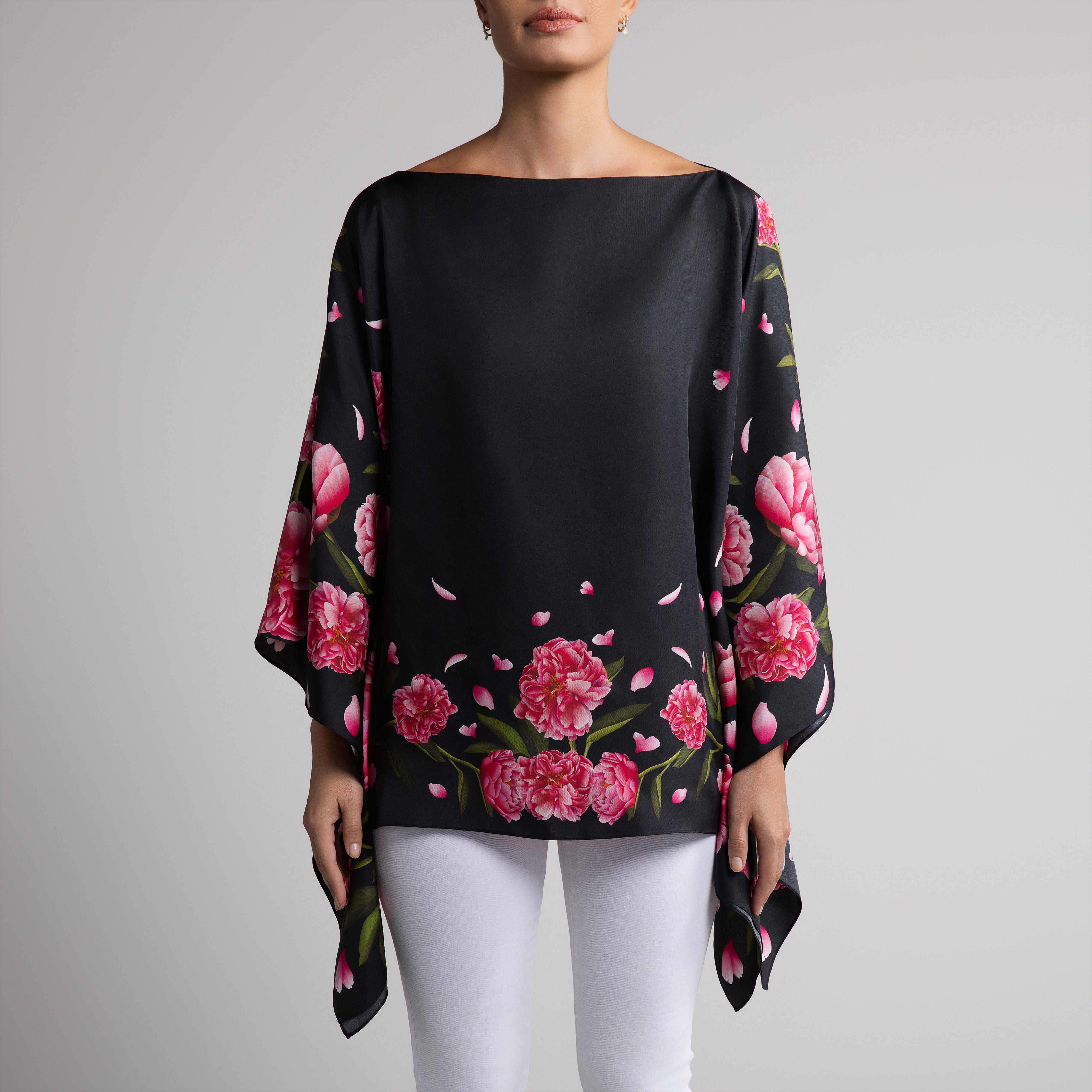 Peony Silk Poncho in Black