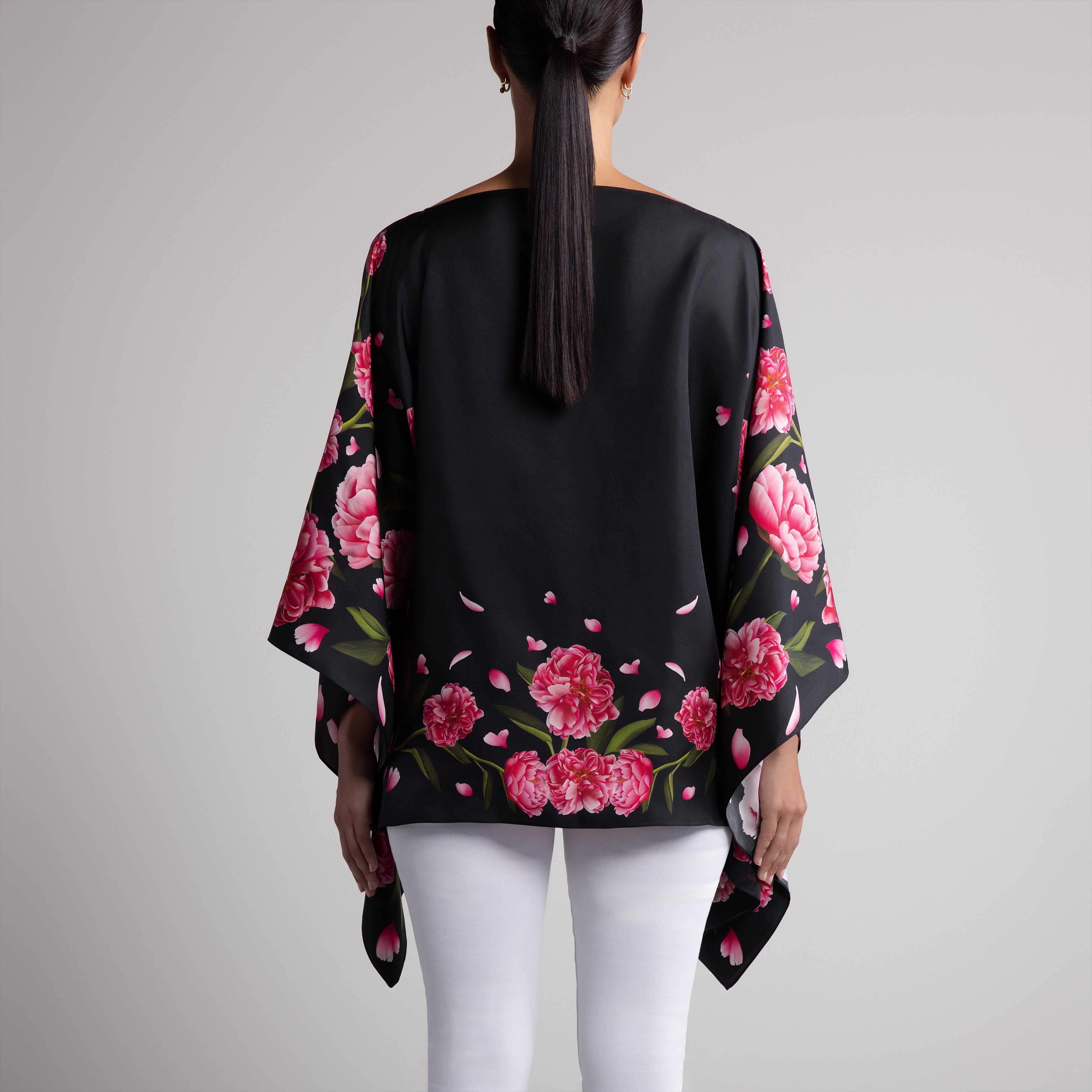 Peony Silk Poncho in Black