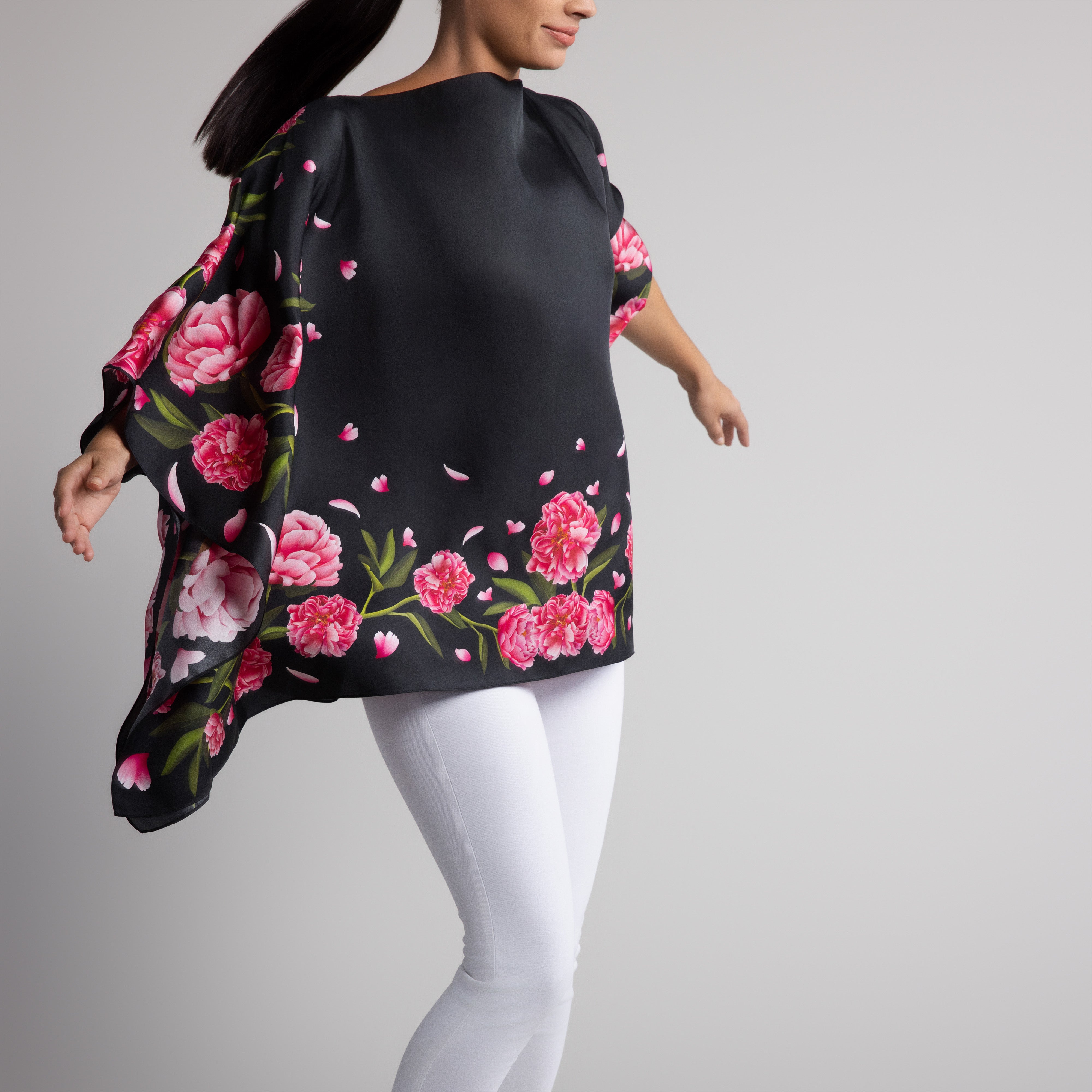 Peony Silk Poncho in Black