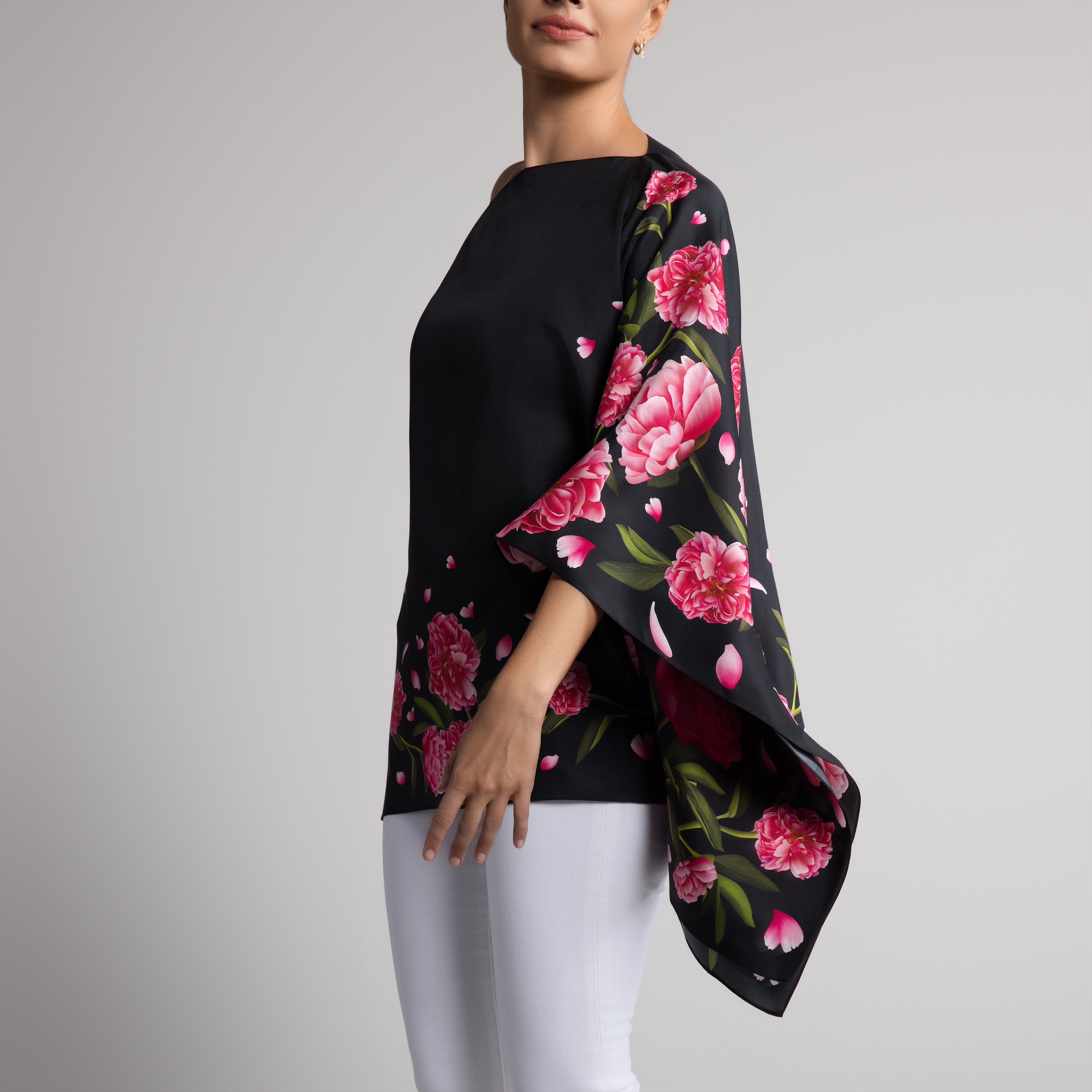 Peony Silk Poncho in Black