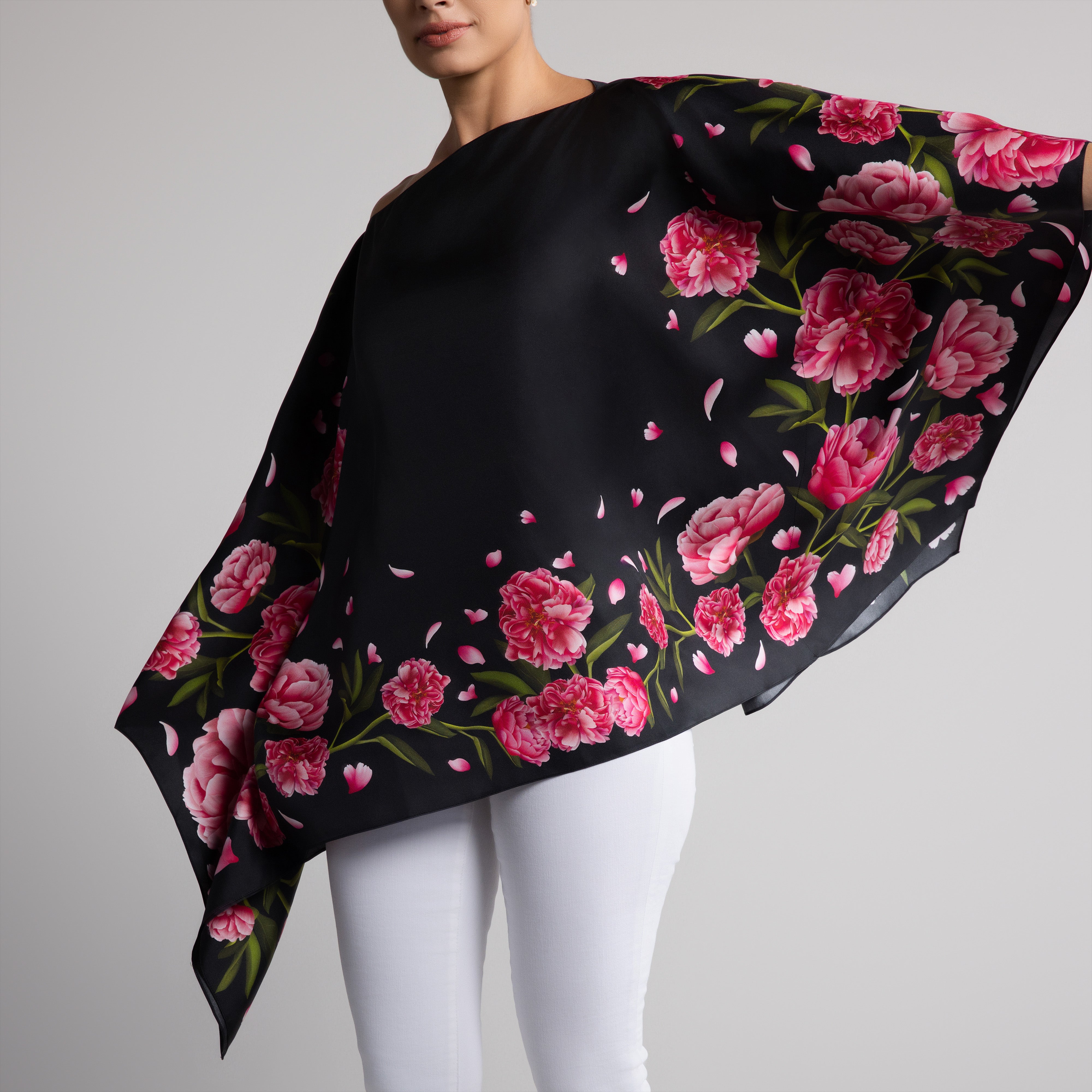 Peony Silk Poncho in Black