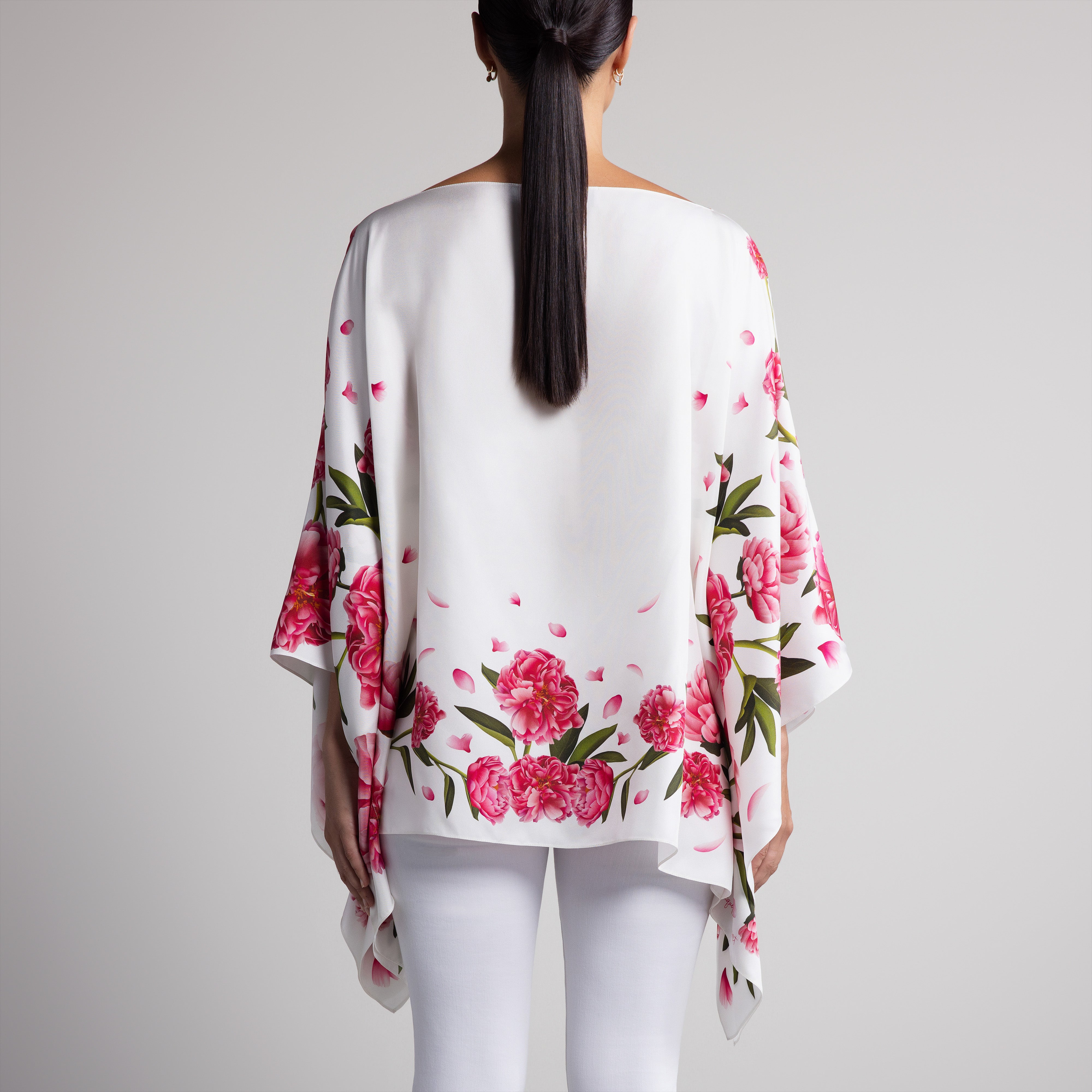 Peony Silk Poncho in White