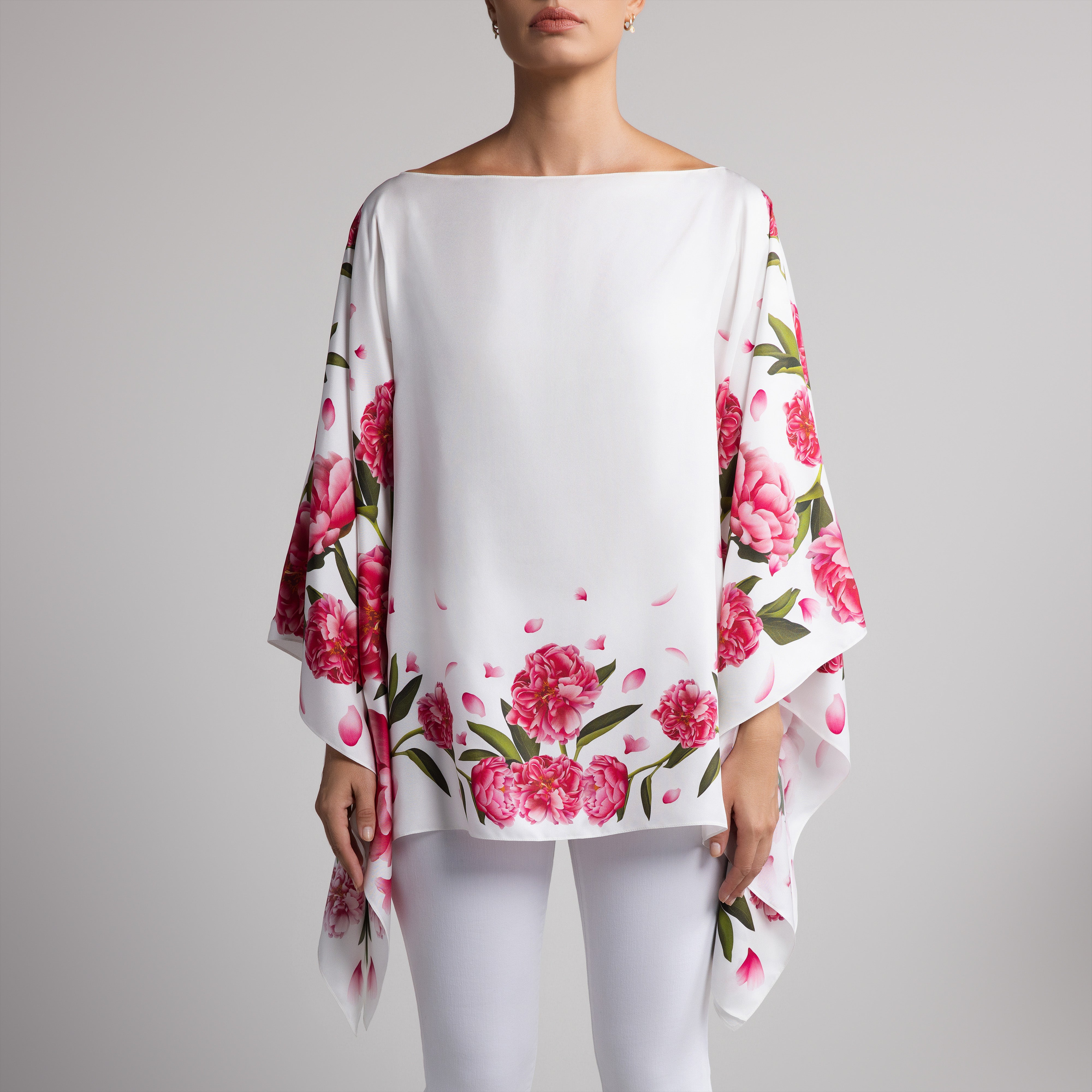 Peony Silk Poncho in White