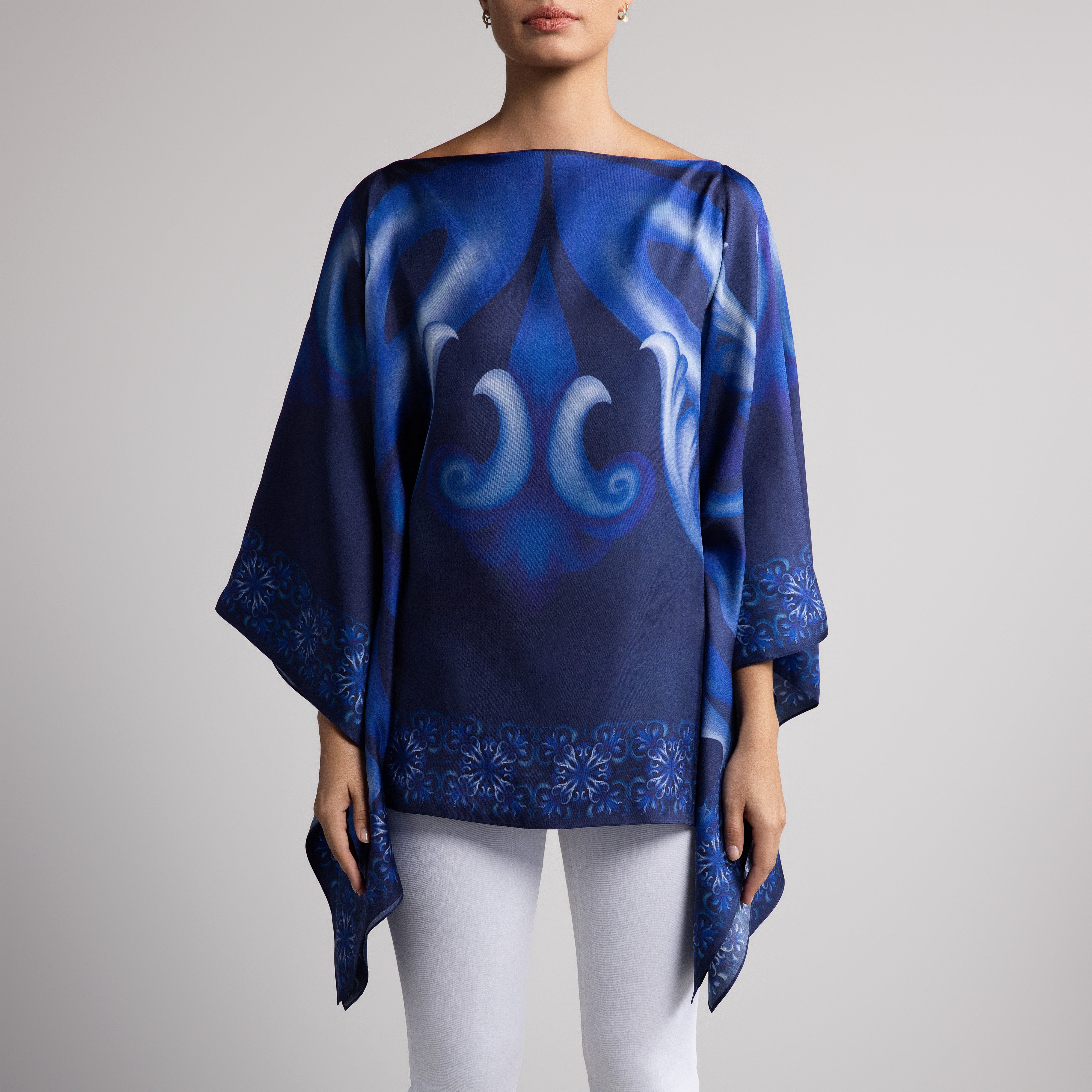 Porto Silk Poncho in Navy Blue