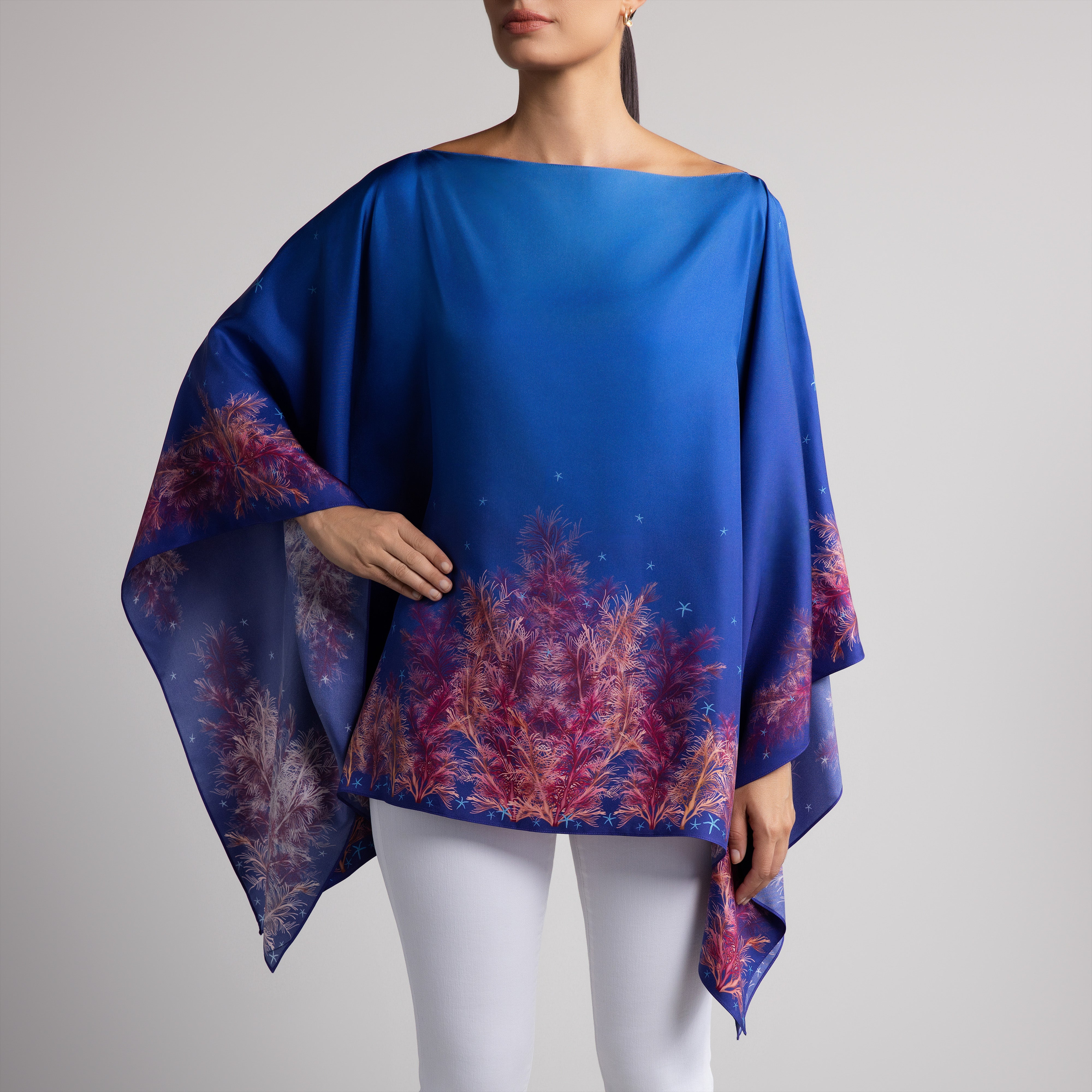 Galapagos Silk Poncho in Blue Ombré