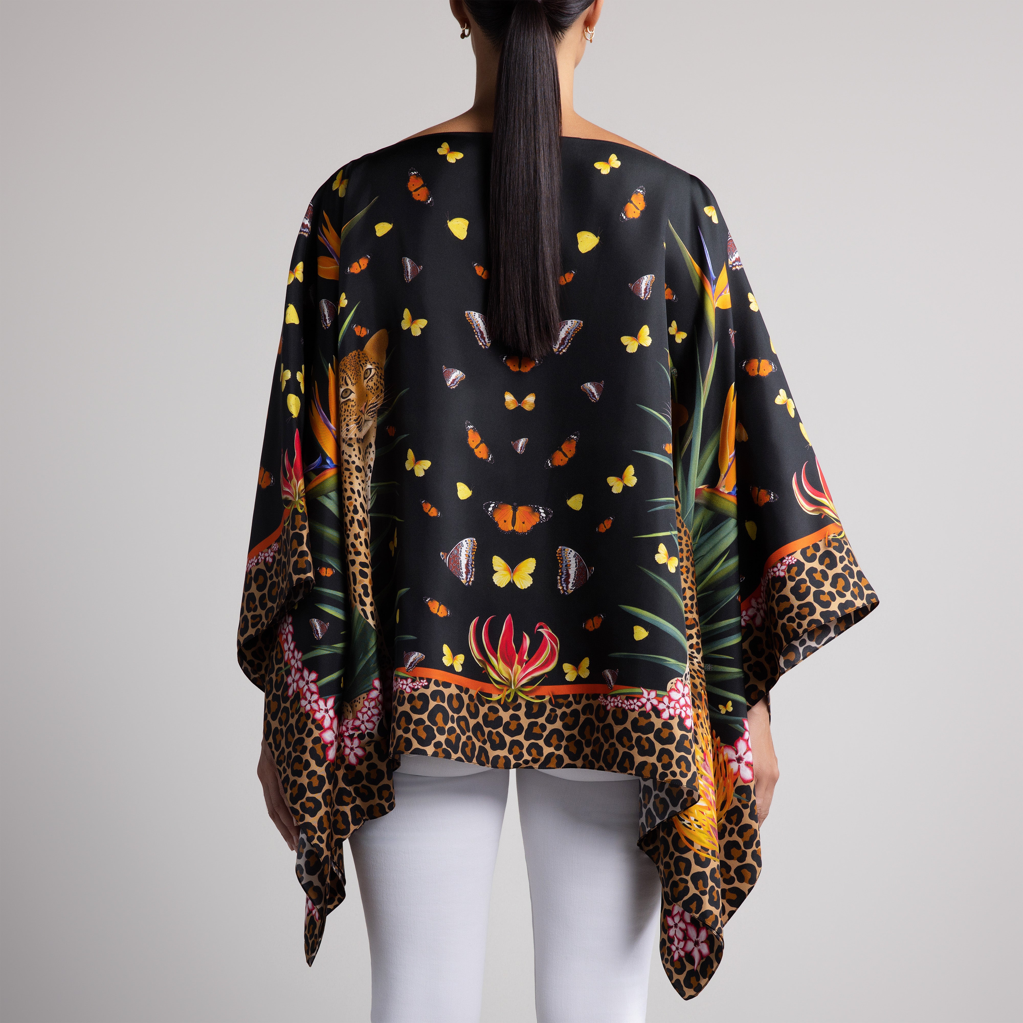 Leopard & Butterfly Silk Poncho in Black