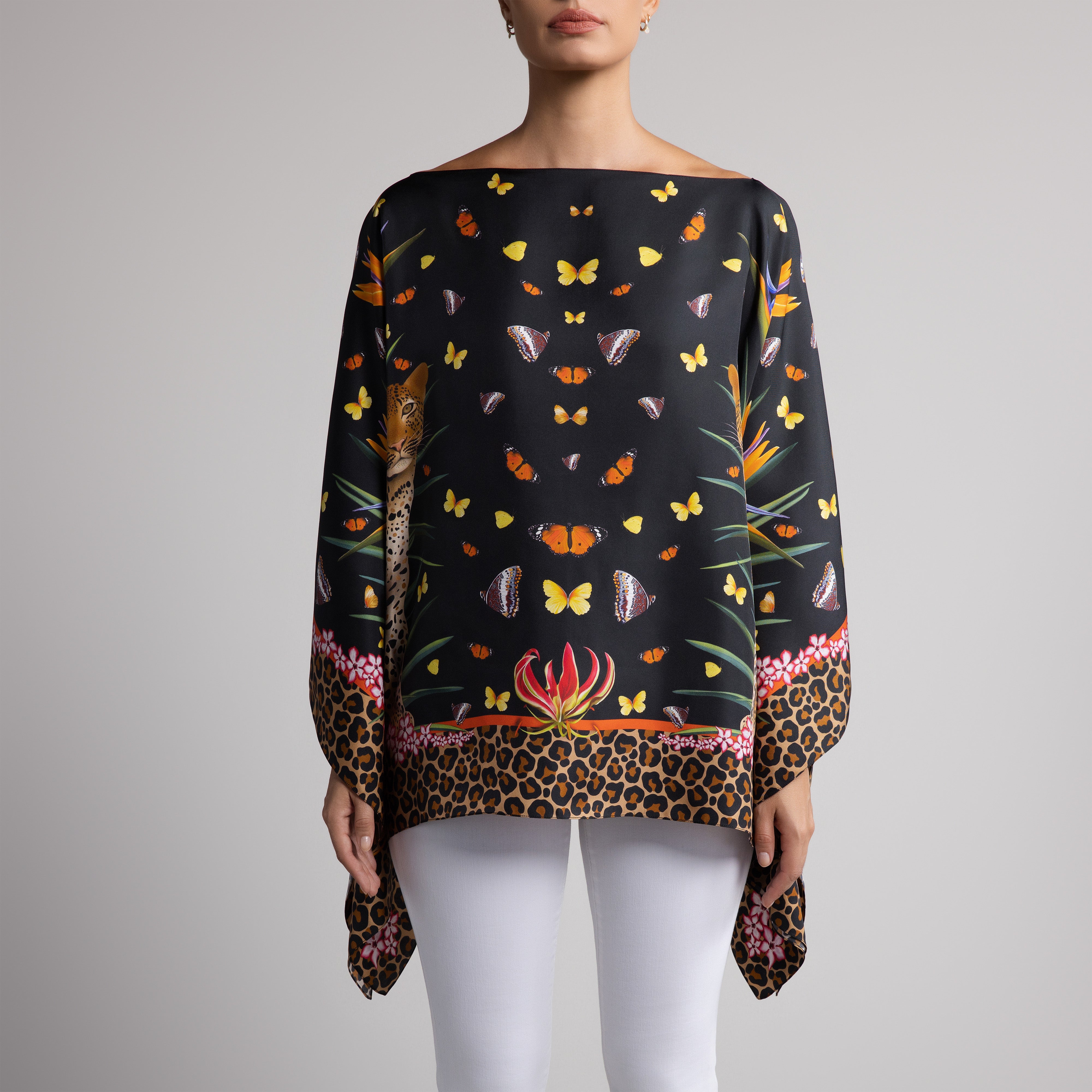 Leopard & Butterfly Silk Poncho in Black