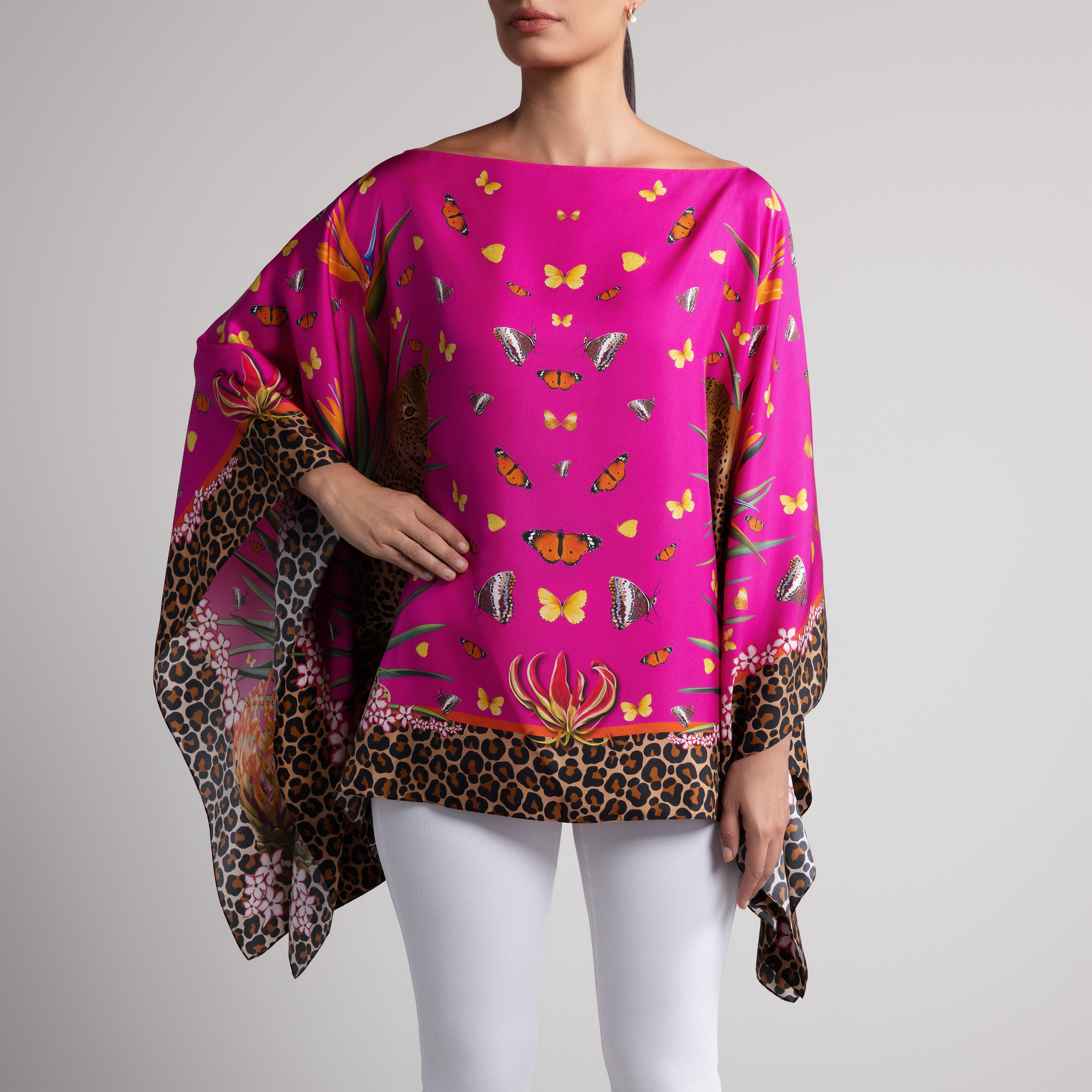 Leopard & Butterfly Silk Poncho in Hot Pink