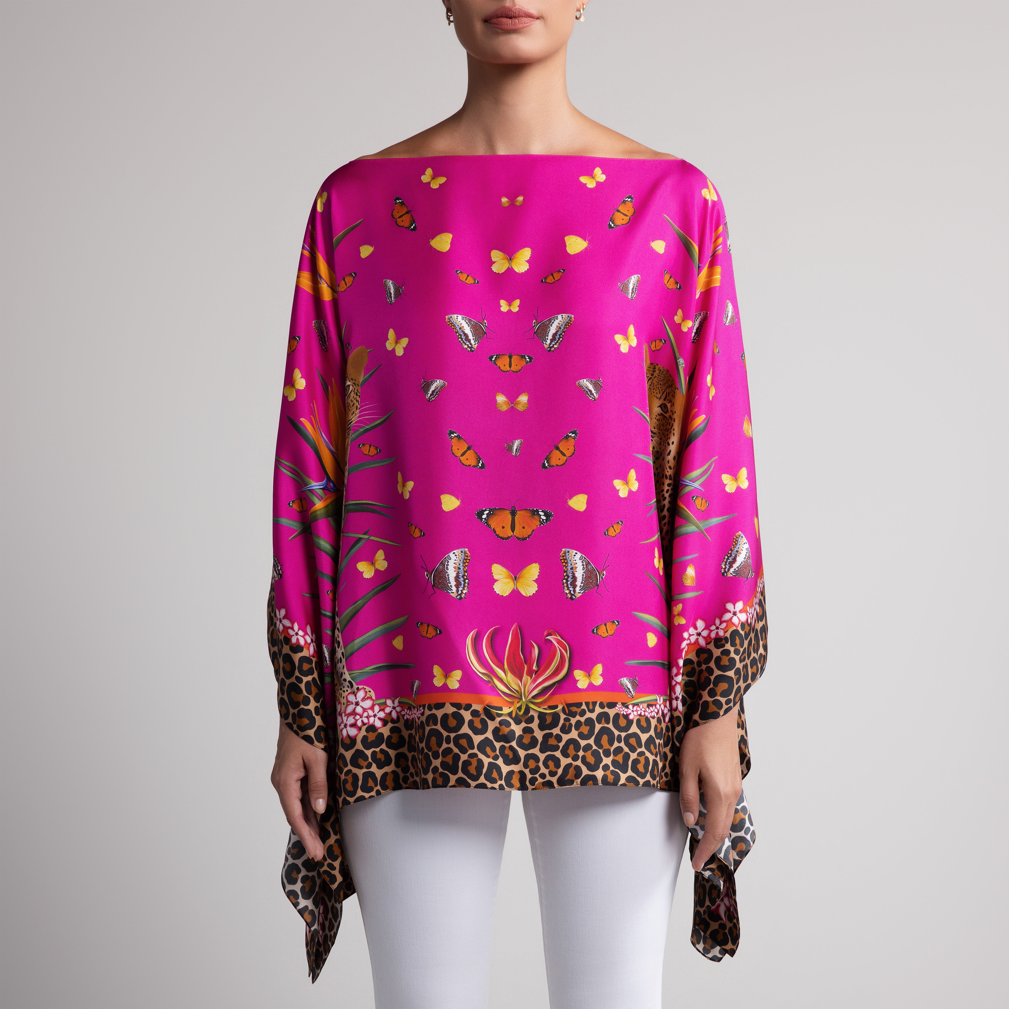 Leopard & Butterfly Silk Poncho in Hot Pink