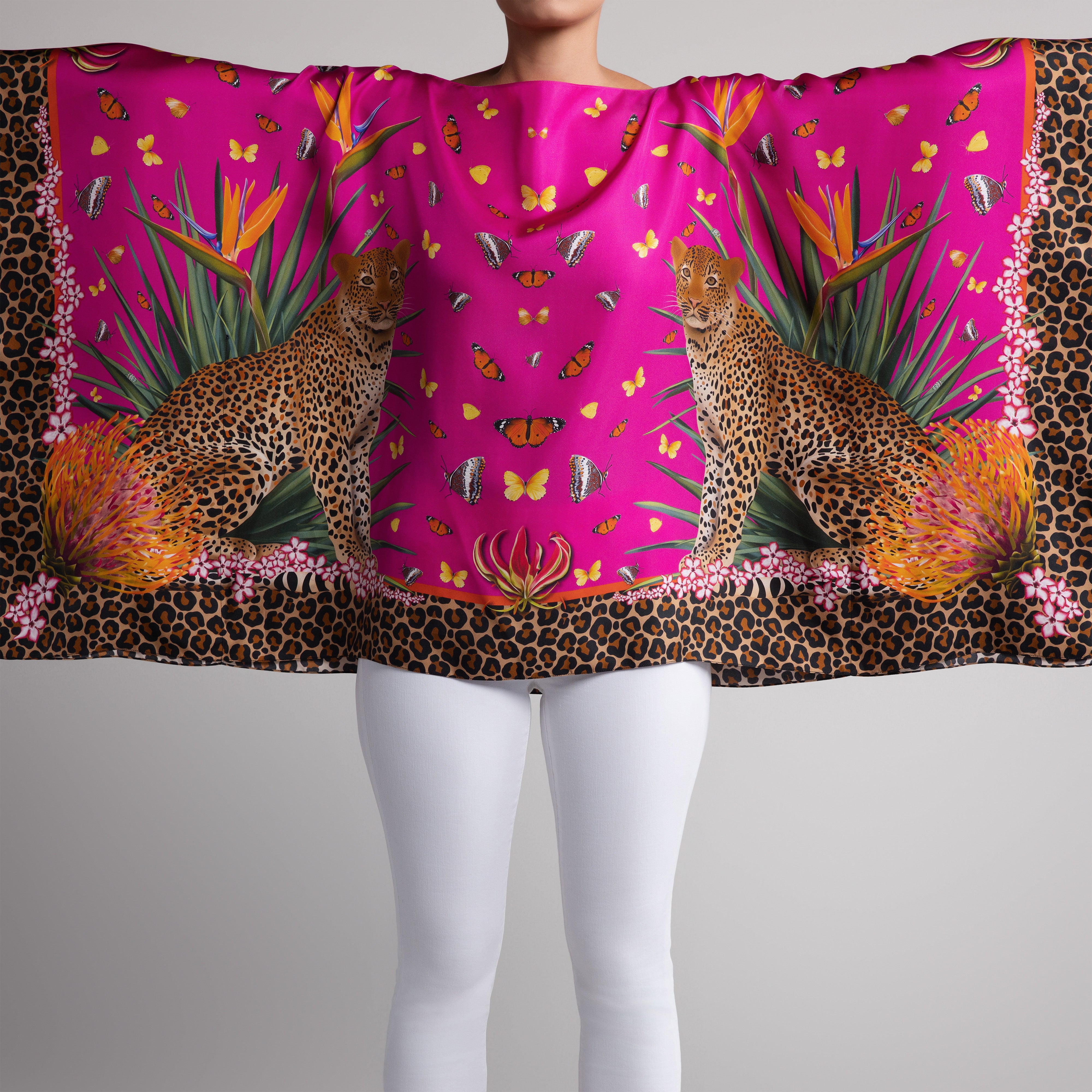 Leopard & Butterfly Silk Poncho in Hot Pink