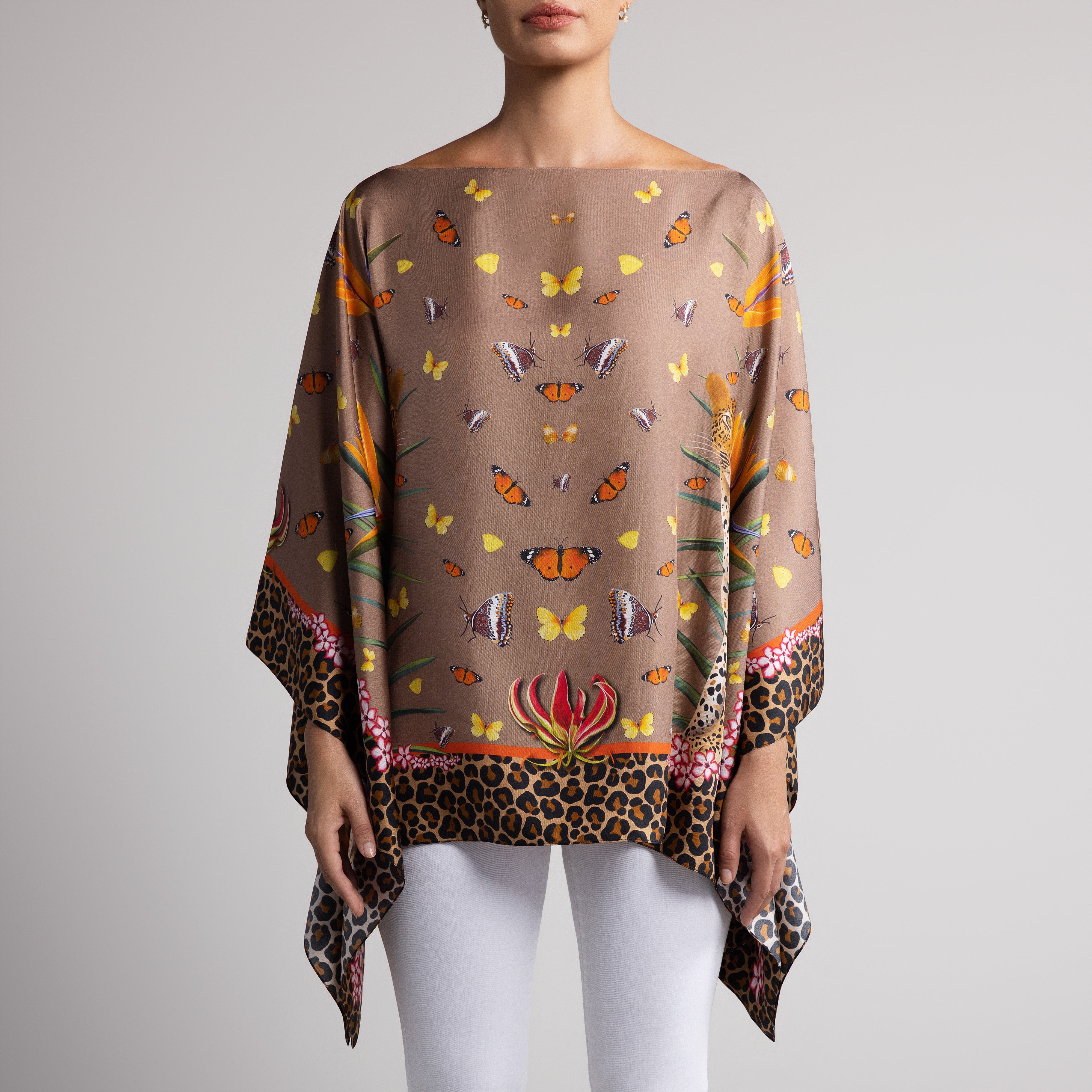 Leopard & Butterfly Silk Poncho in Tan