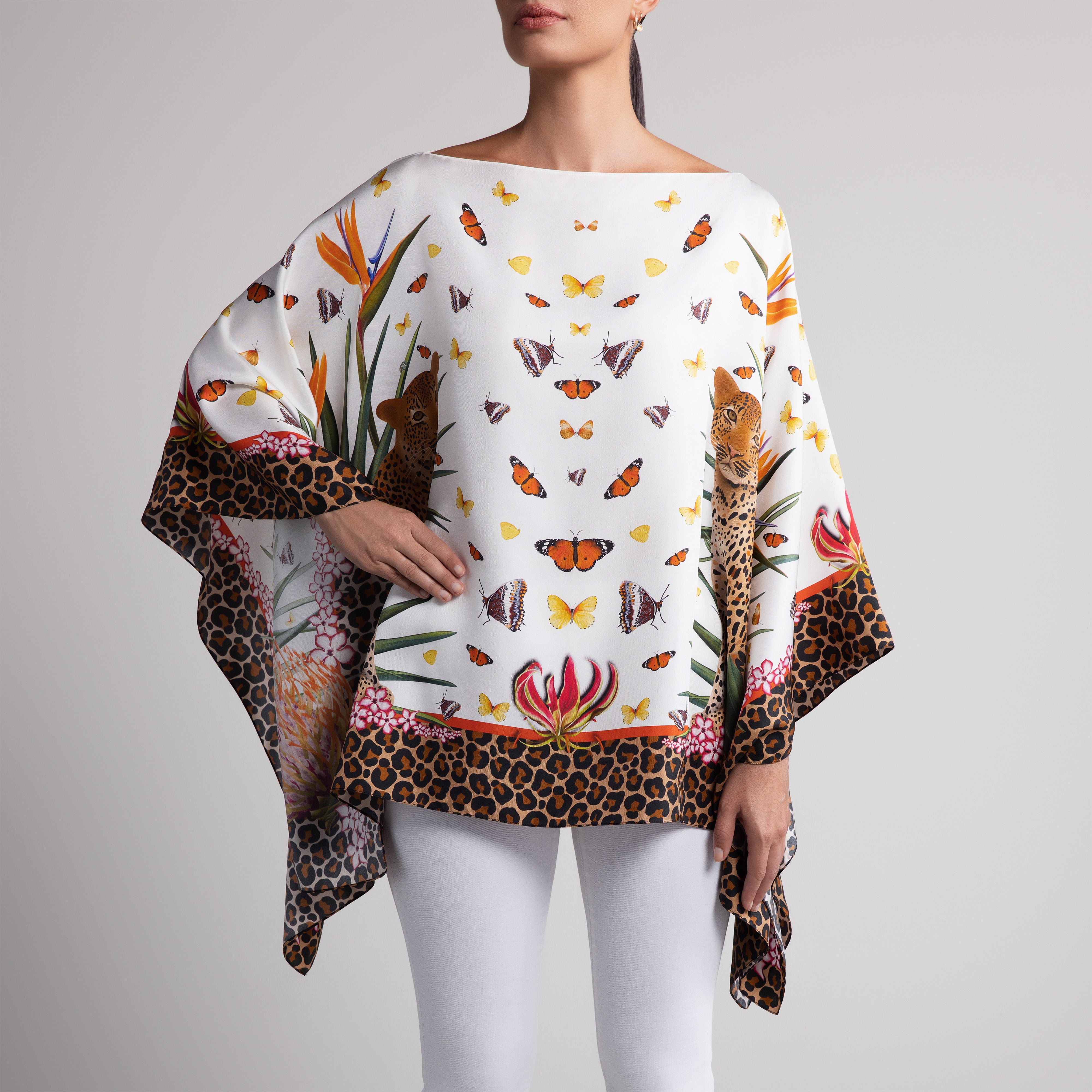 Leopard & Butterfly Silk Poncho in White