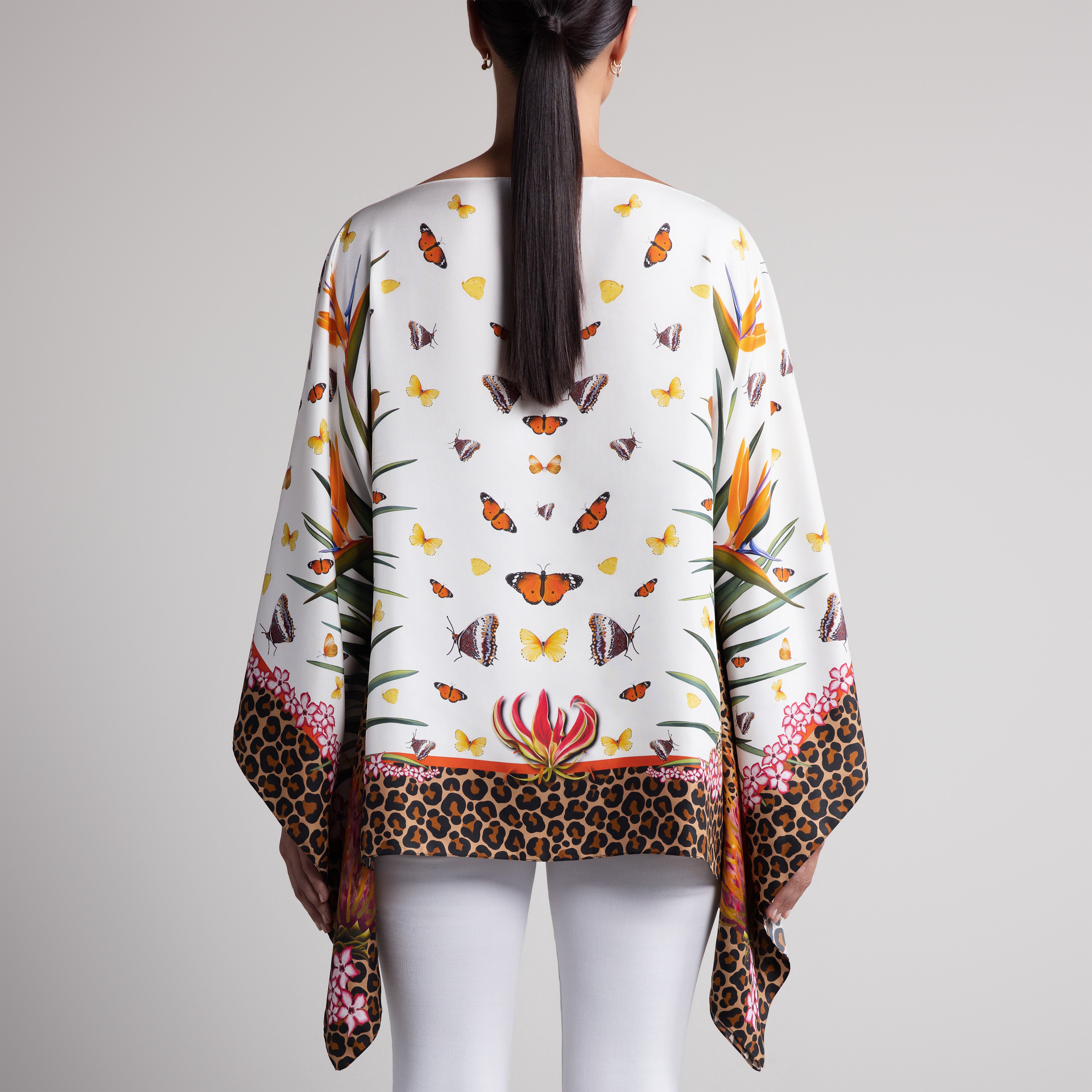 Leopard & Butterfly Silk Poncho in White