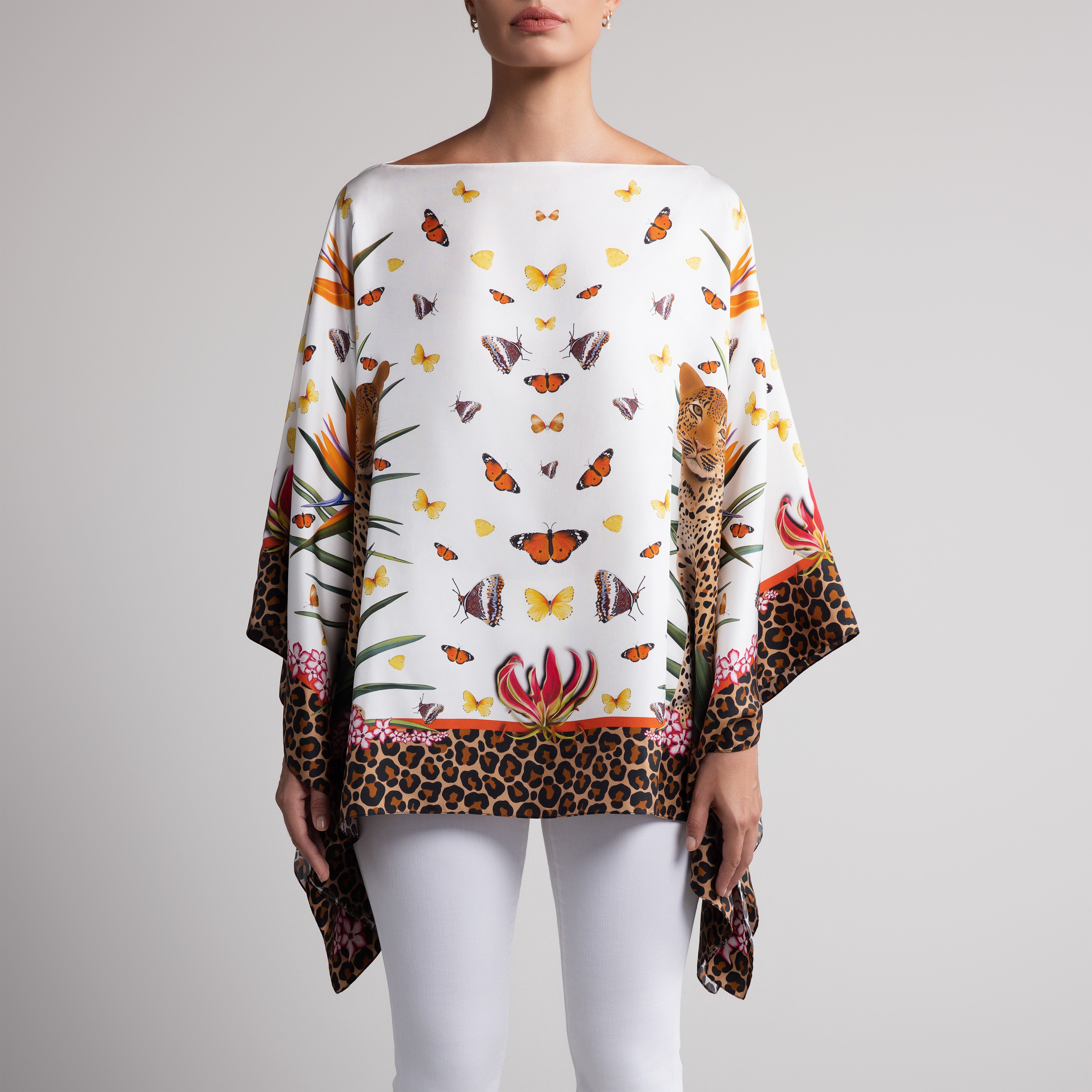 Leopard & Butterfly Silk Poncho in White