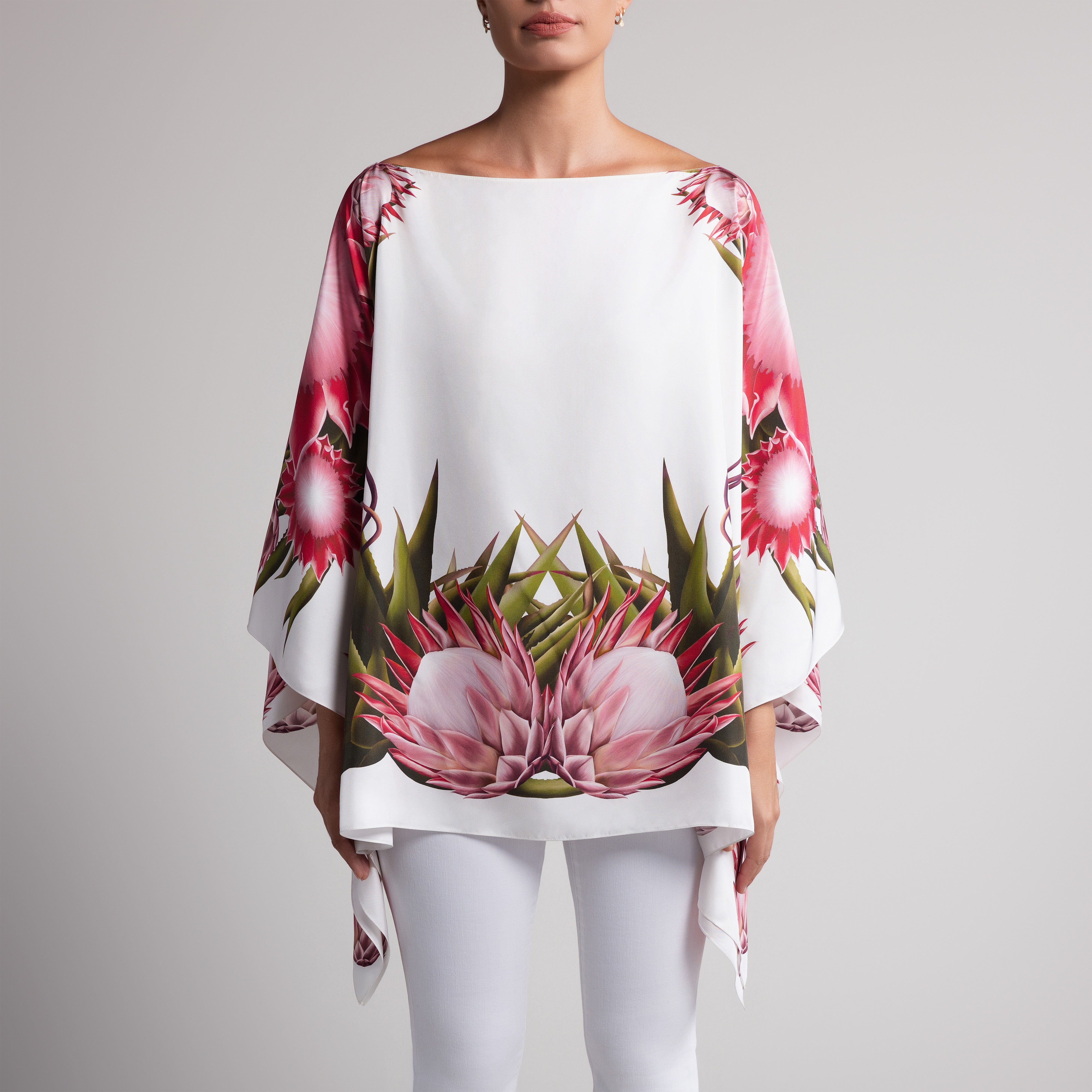 Protea Silk Poncho in White