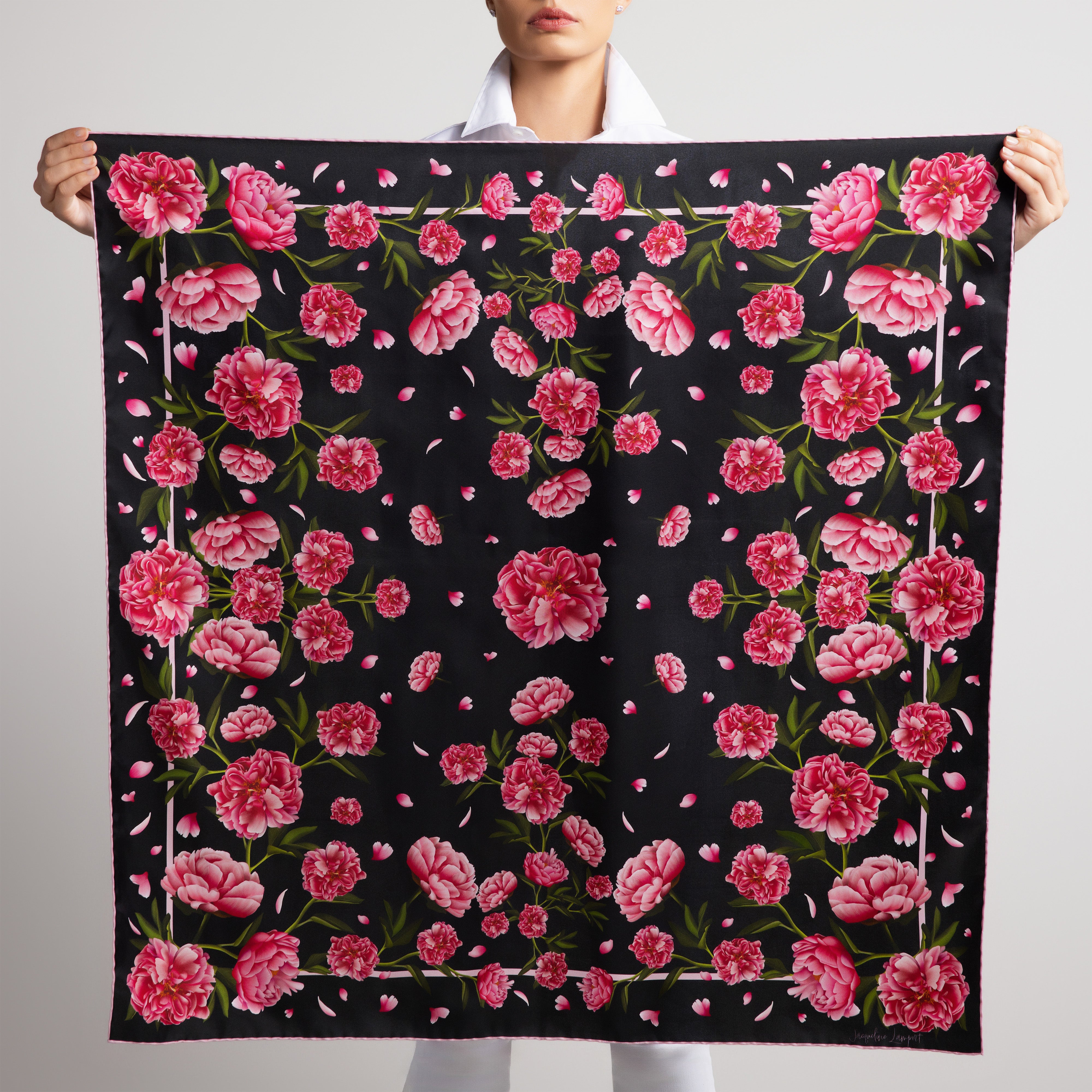 Peony Silk Scarf with Hand-Rolled Hem in Black