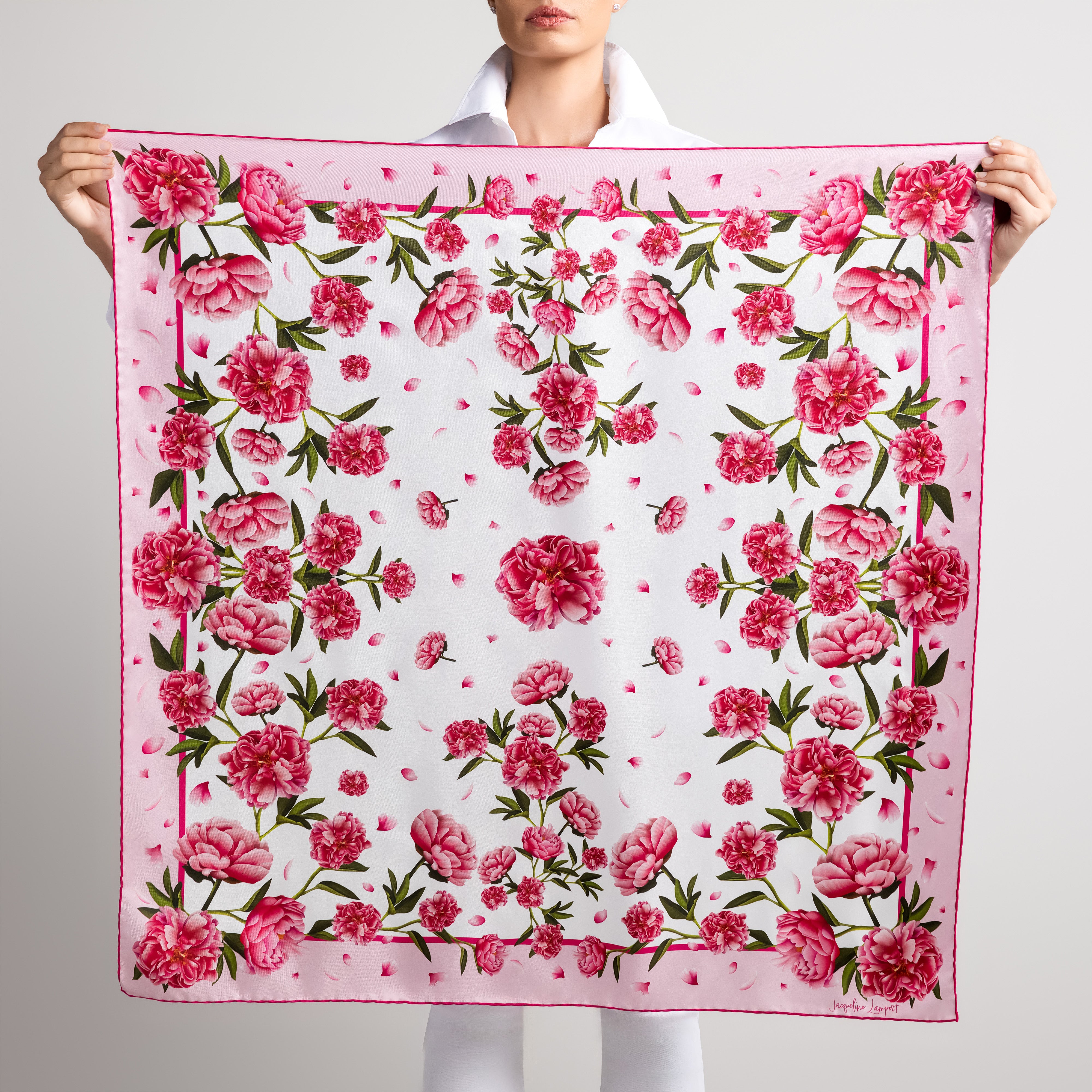 Peony Silk Scarf with Hand-Rolled Hem in White